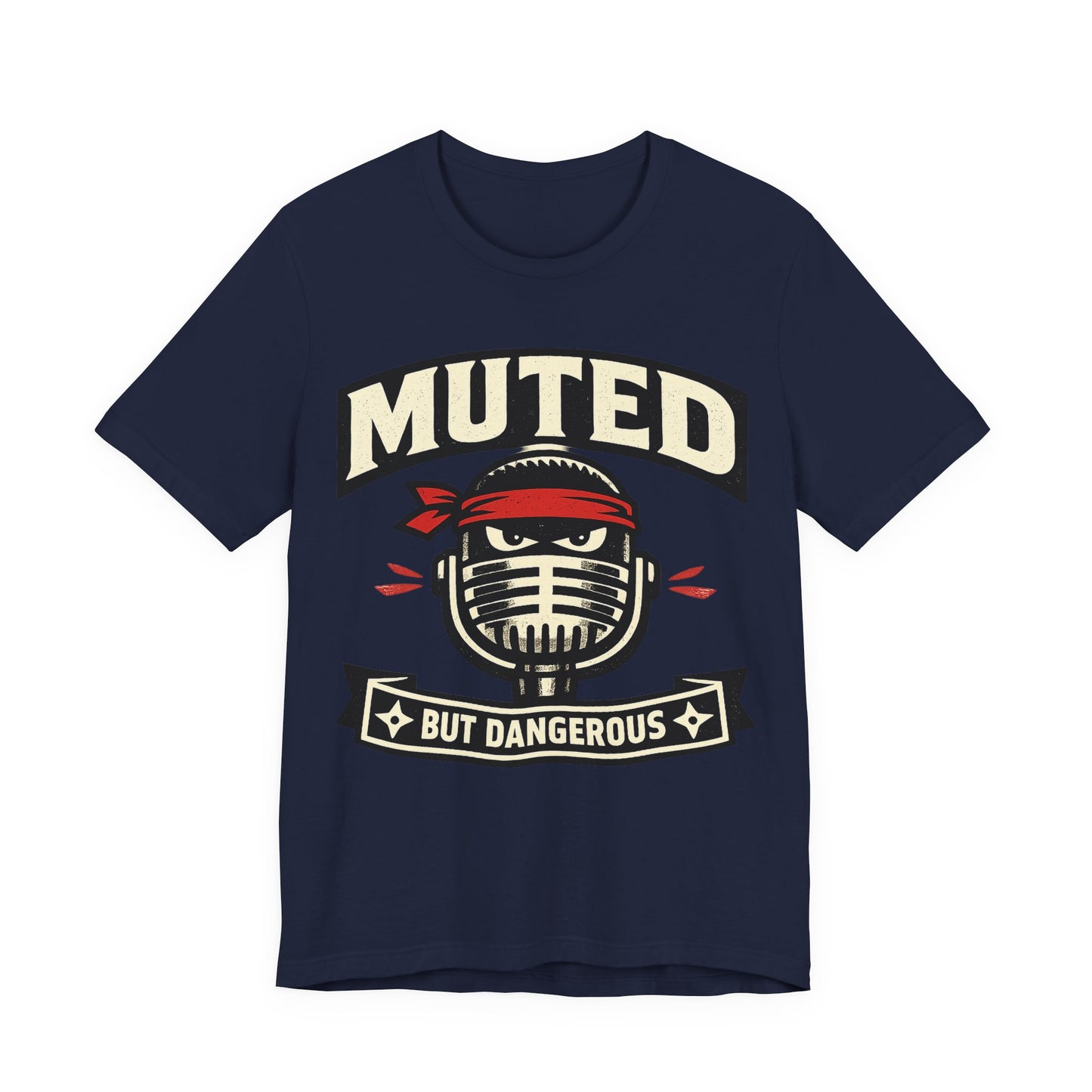 Navy Bella+Canvas 3001 unisex tee with Muted But Dangerous ninja graphic, on hanger