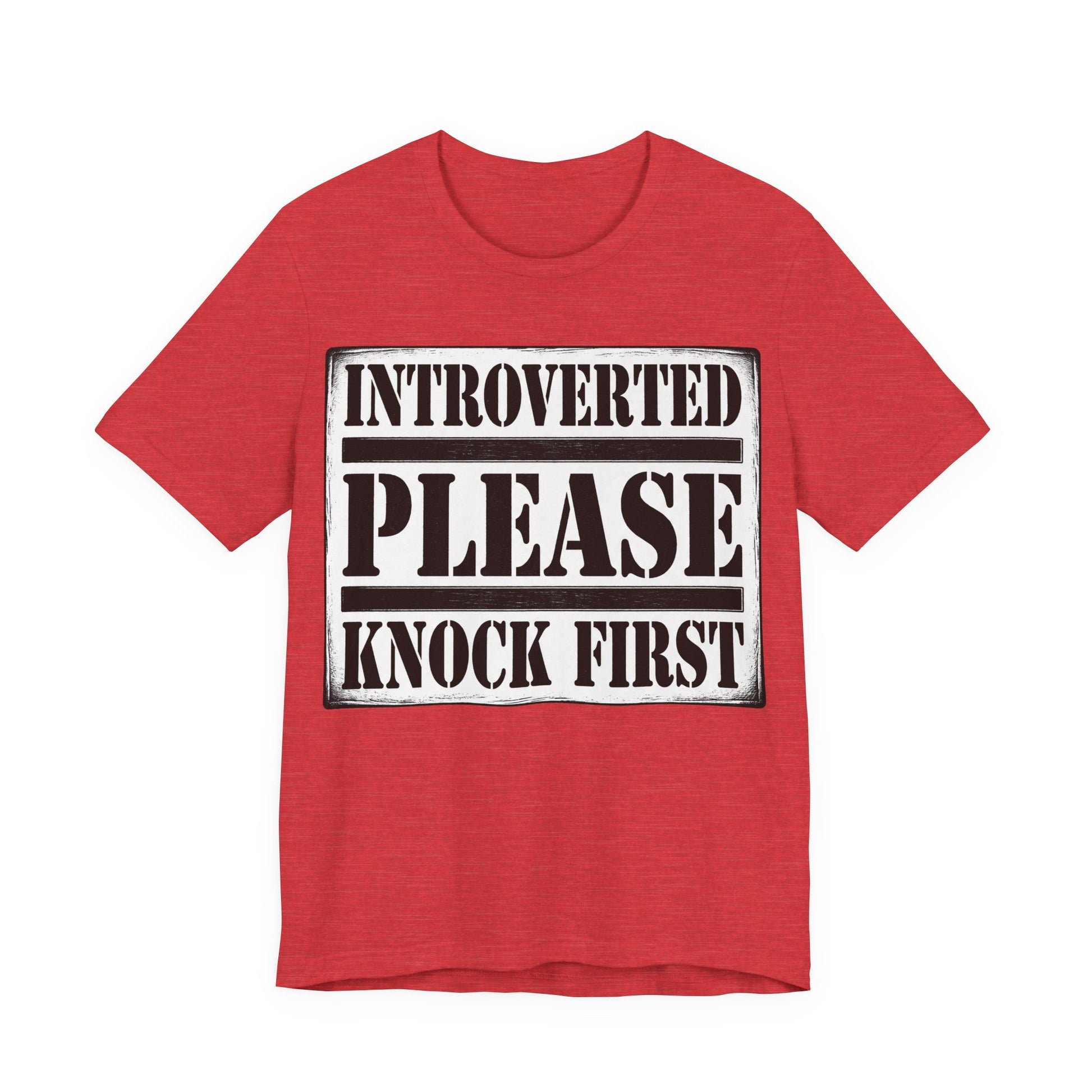 Heather Red Bella+Canvas 3001 unisex tee with Introverted Please Knock First graphic