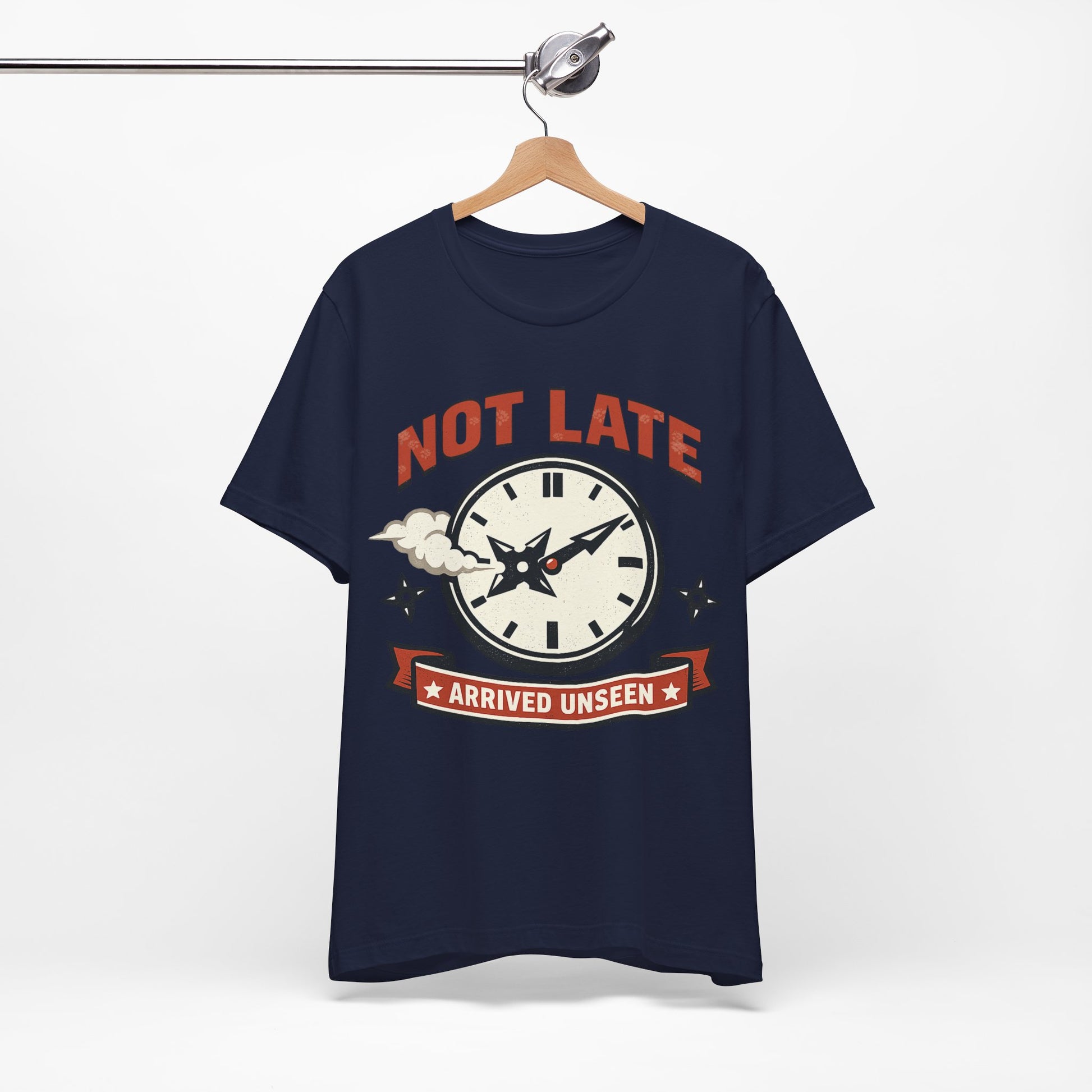 Steel Blue Bella+Canvas 3001 unisex tee with Not Late Arrived Unseen ninja clock design, flat lay