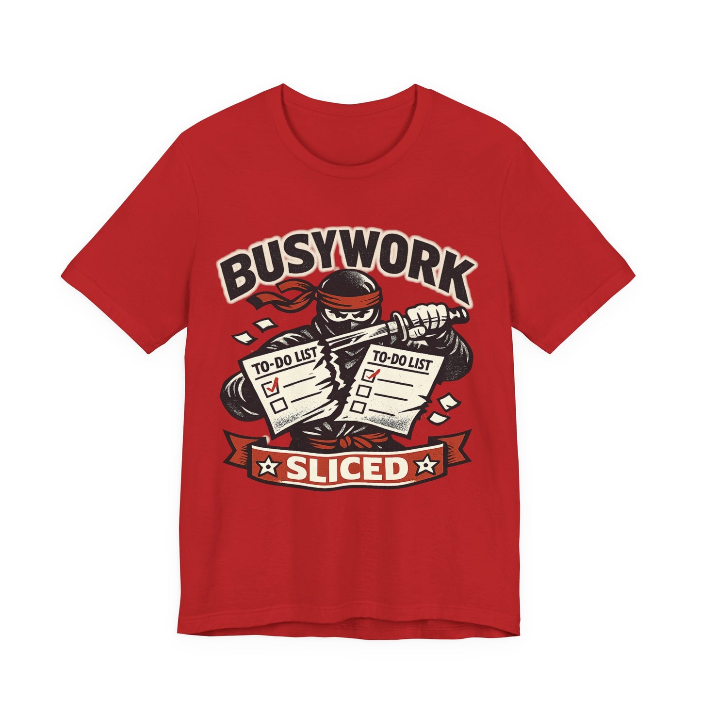 Red Bella+Canvas 3001 unisex tee with Busywork Sliced ninja slicing to-do lists graphic, on hanger