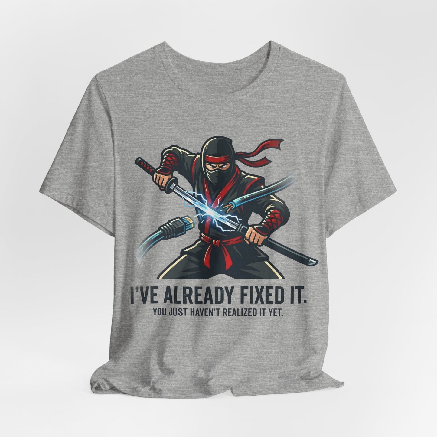 Heather Red Bella+Canvas 3001 unisex tee with I've Already Fixed It You Just Haven't Realized It Yet ninja design, detail view