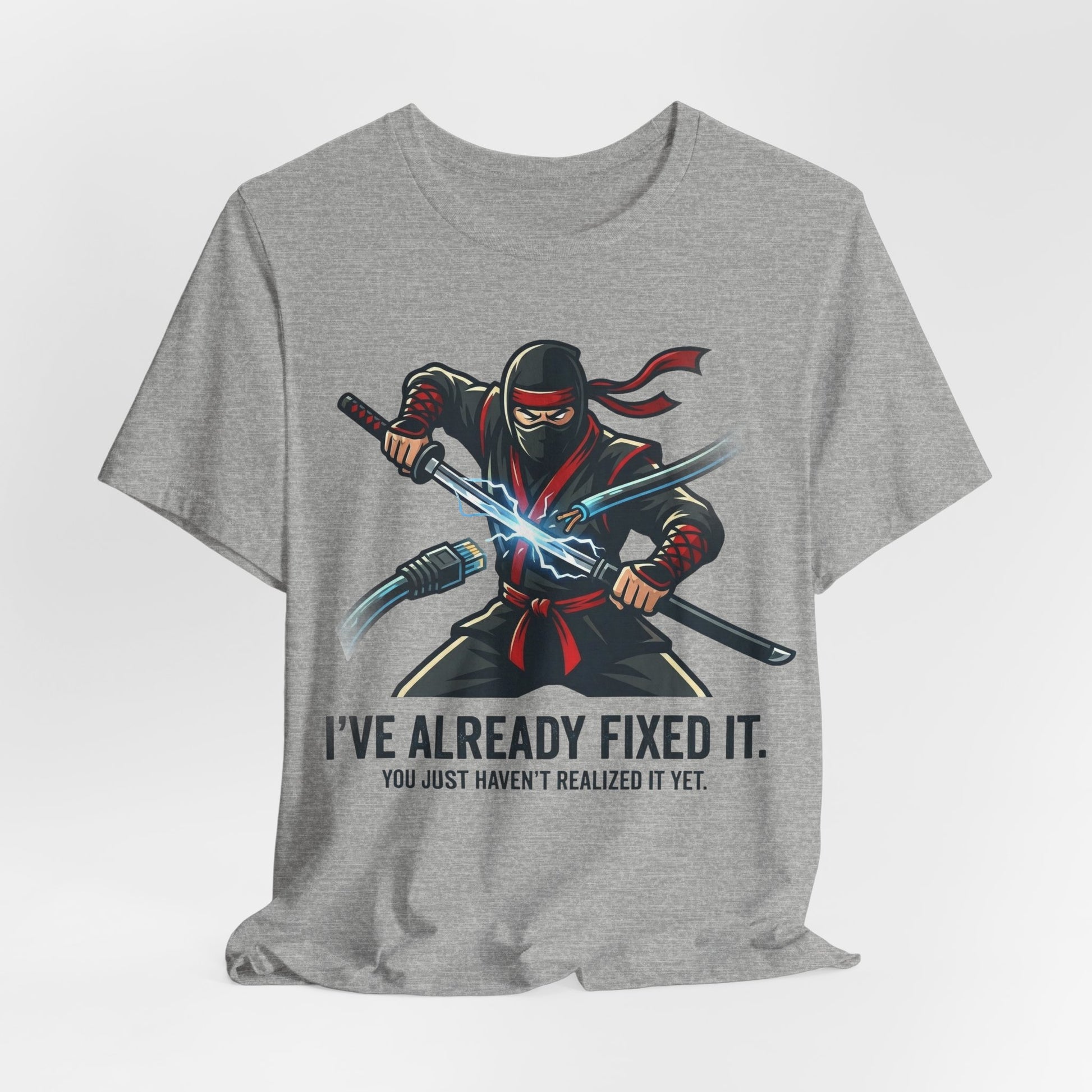 Heather Red Bella+Canvas 3001 unisex tee with I've Already Fixed It You Just Haven't Realized It Yet ninja design, detail view