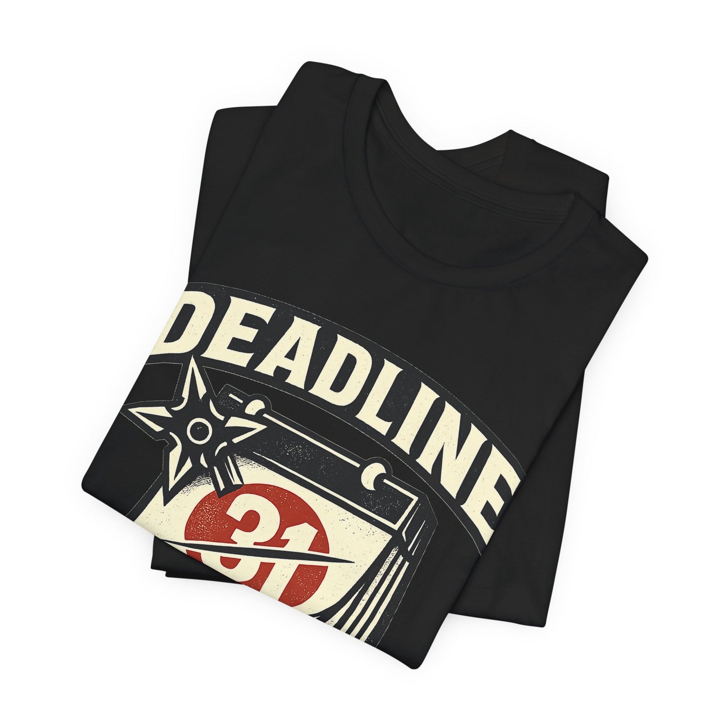 Black Bella+Canvas 3001 unisex tee with Deadline Eliminated ninja badge graphic, folded
