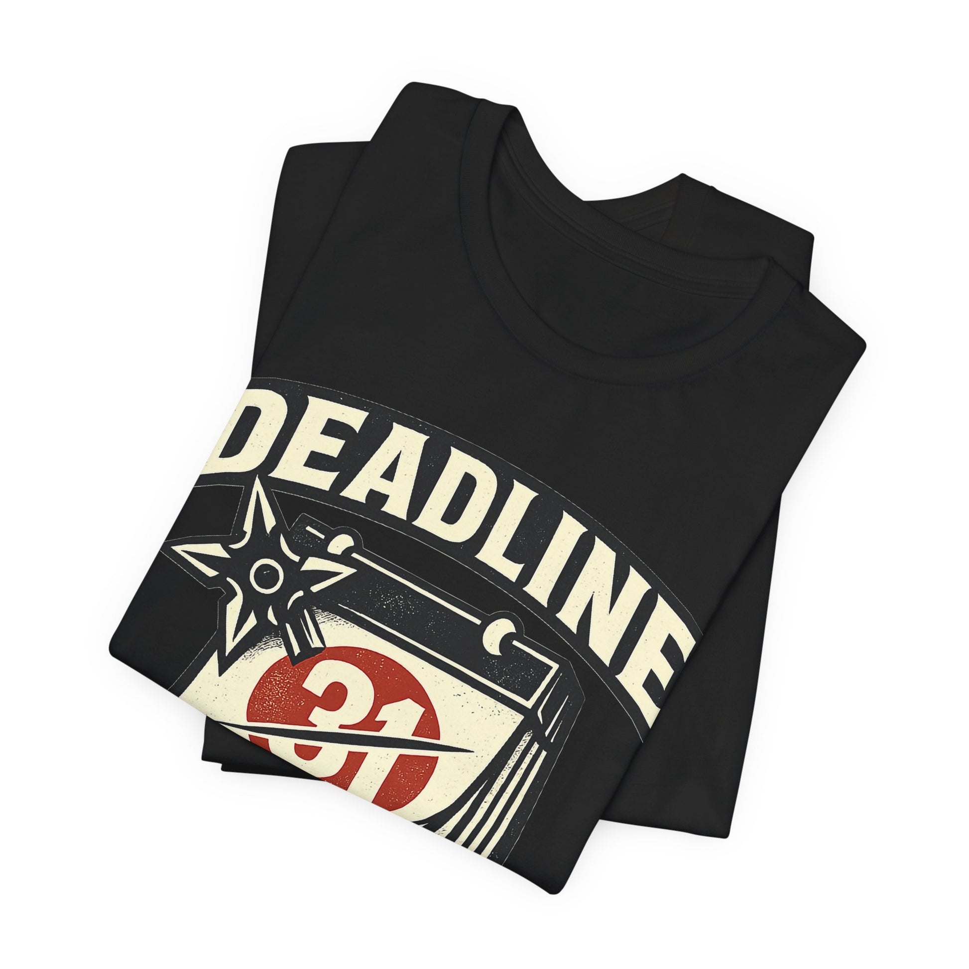 Black Bella+Canvas 3001 unisex tee with Deadline Eliminated ninja badge graphic, folded