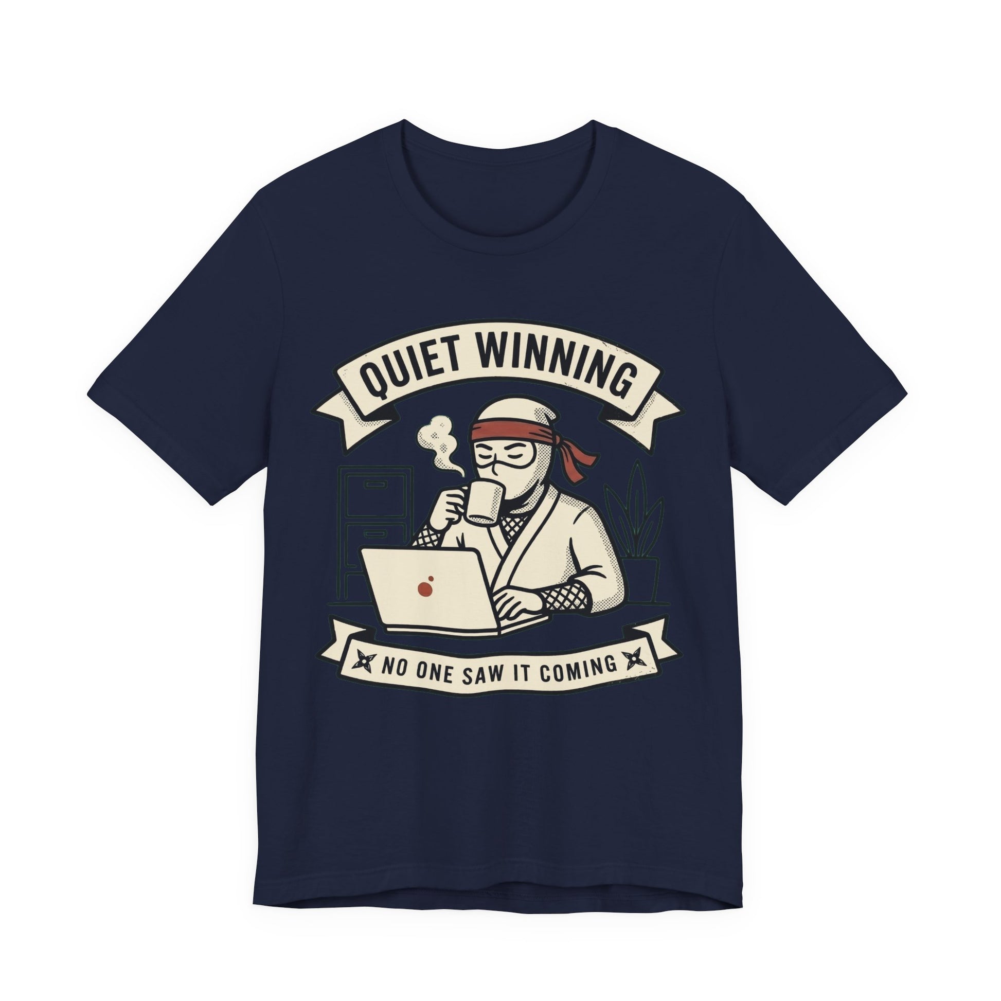 Navy Bella+Canvas 3001 unisex tee with Quiet Winning ninja laptop design, on hanger