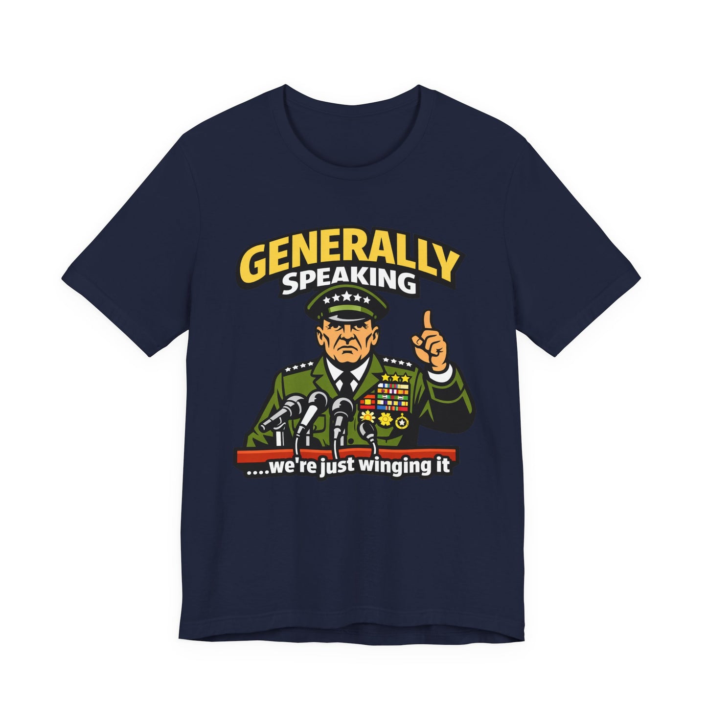 Navy Bella+Canvas 3001 unisex tee with Generally Speaking We're Just Winging It graphic, on hanger