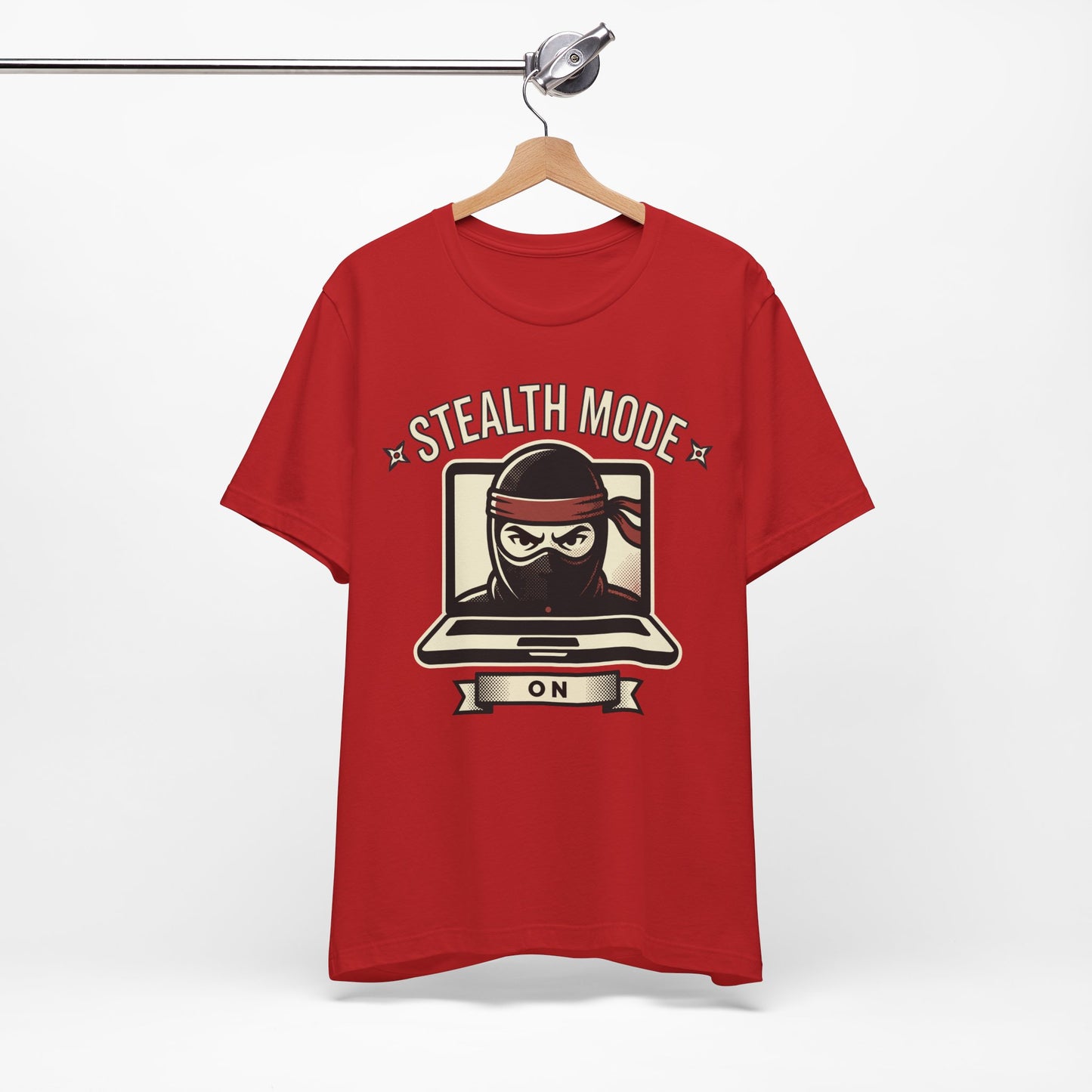 Natural Bella+Canvas 3001 unisex tee with Stealth Mode On ninja laptop graphic, detail view
