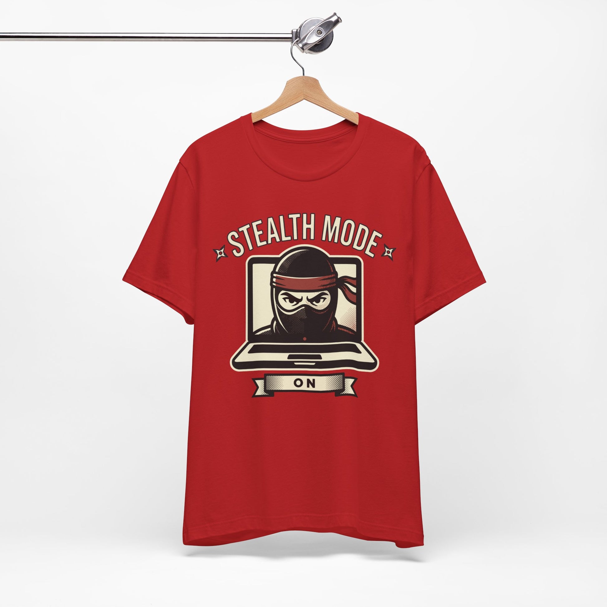 Natural Bella+Canvas 3001 unisex tee with Stealth Mode On ninja laptop graphic, detail view
