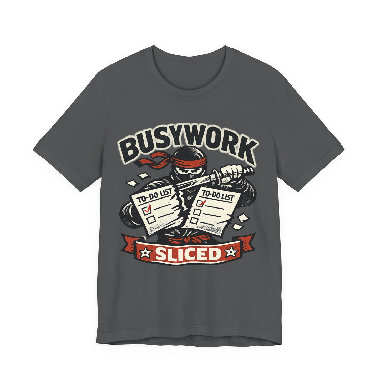 Asphalt Bella+Canvas 3001 unisex tee with Busywork Sliced ninja slicing to-do lists graphic, on hanger