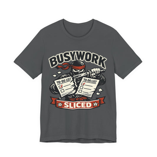Asphalt Bella+Canvas 3001 unisex tee with Busywork Sliced ninja slicing to-do lists graphic, on hanger