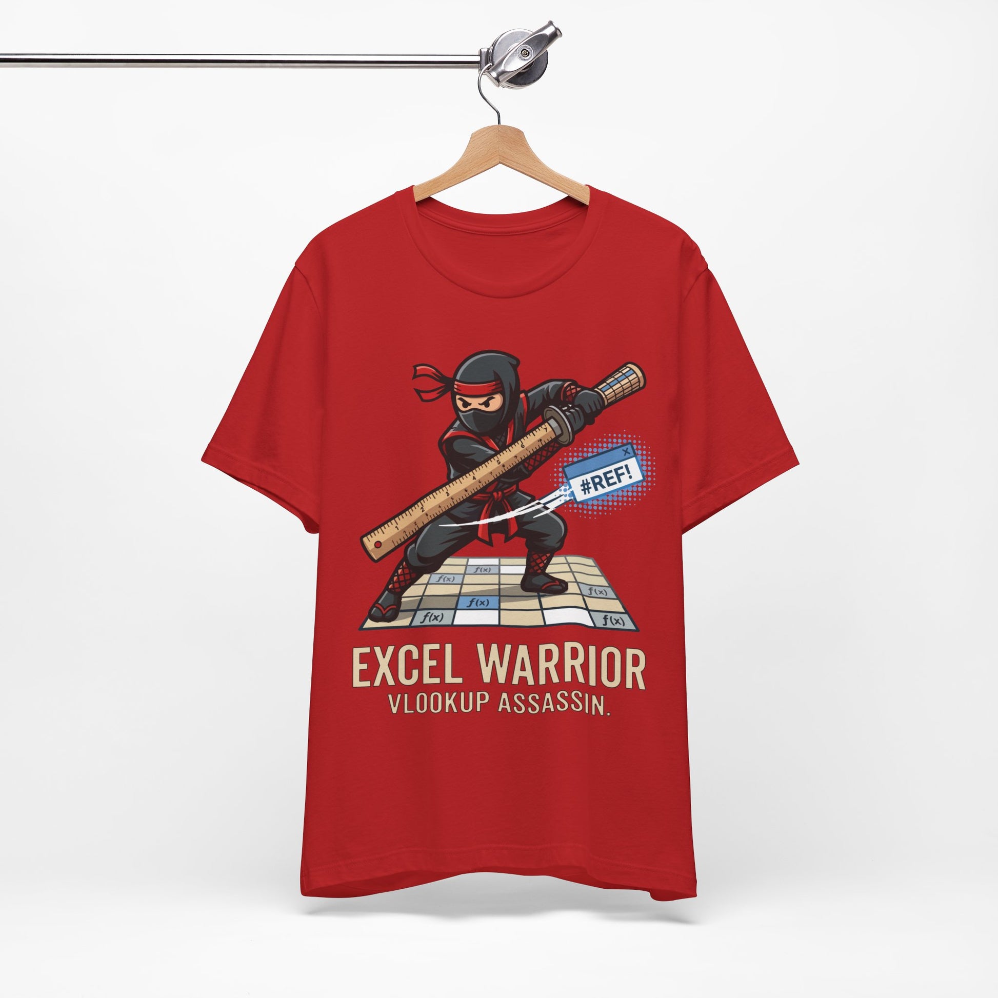 Black Bella+Canvas 3001 unisex tee with Excel Warrior VLOOKUP Assassin ninja graphic detail view