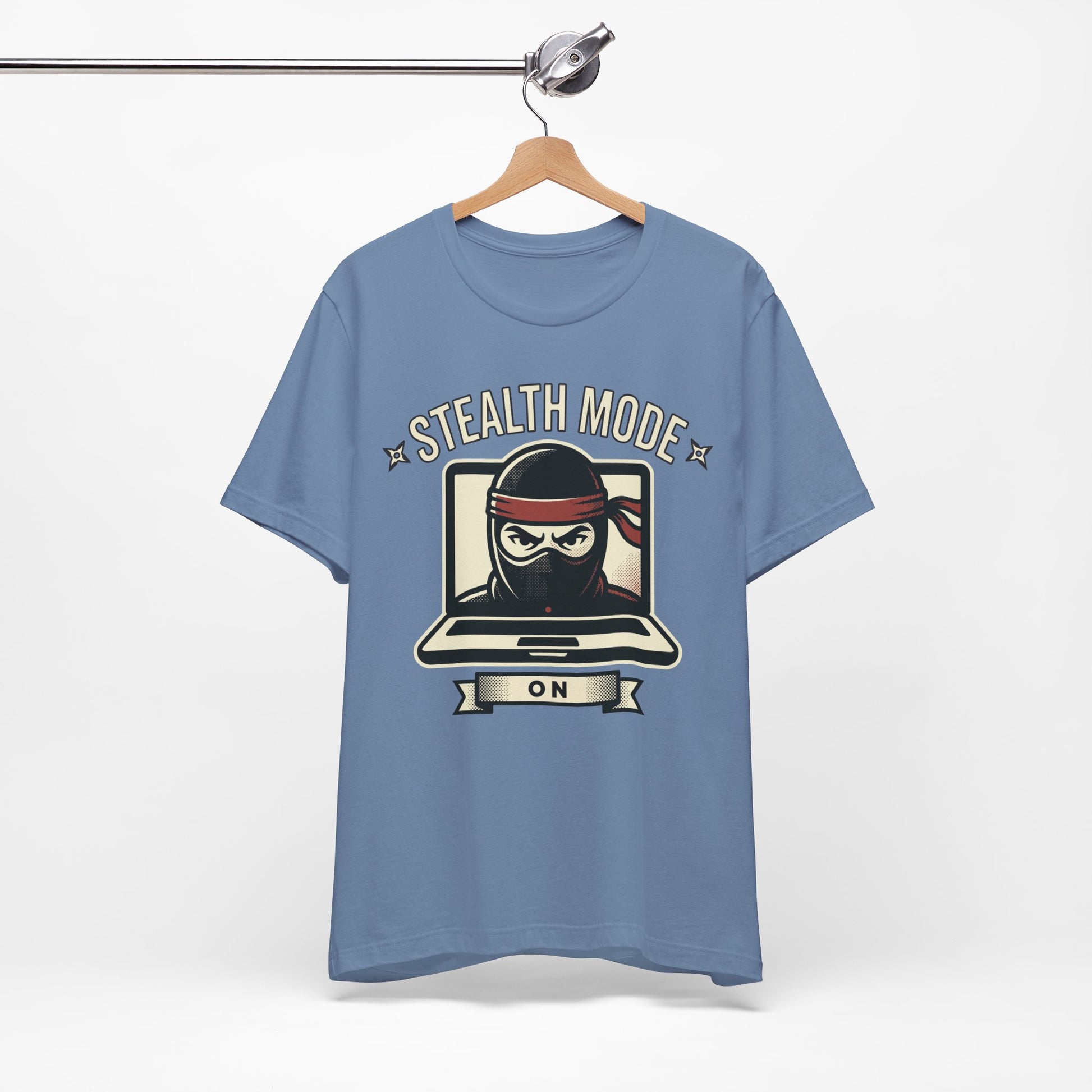 Stealth Mode On funny ninja office shirt on Bella+Canvas 3001, lifestyle view