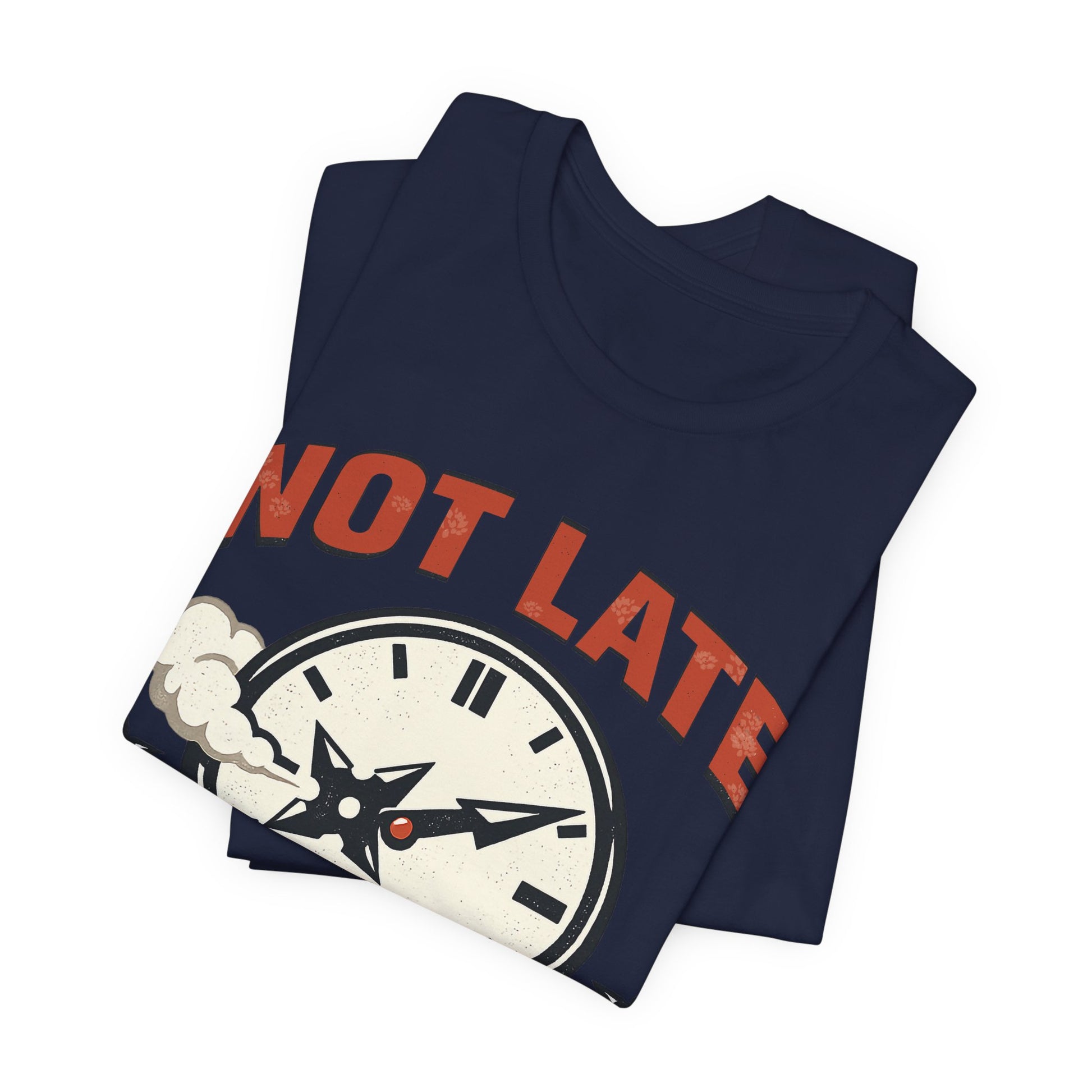 Asphalt Bella+Canvas 3001 unisex tee with Not Late Arrived Unseen ninja clock design, flat lay