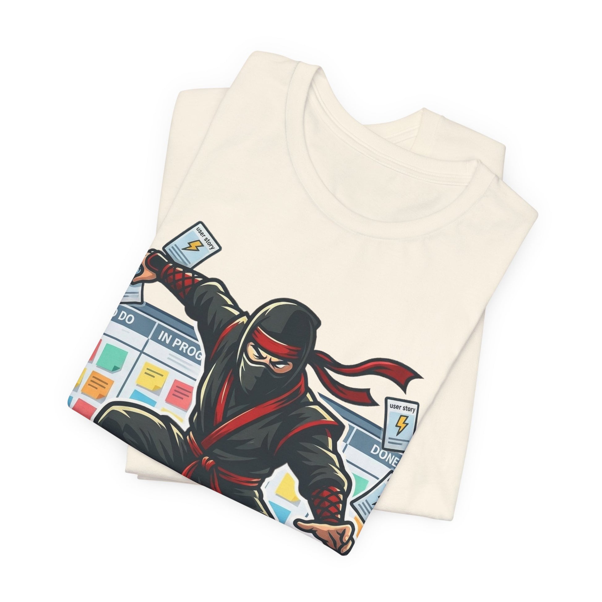 Natural Bella+Canvas 3001 unisex tee with Certified Agile Specialist ninja kanban design, on hanger