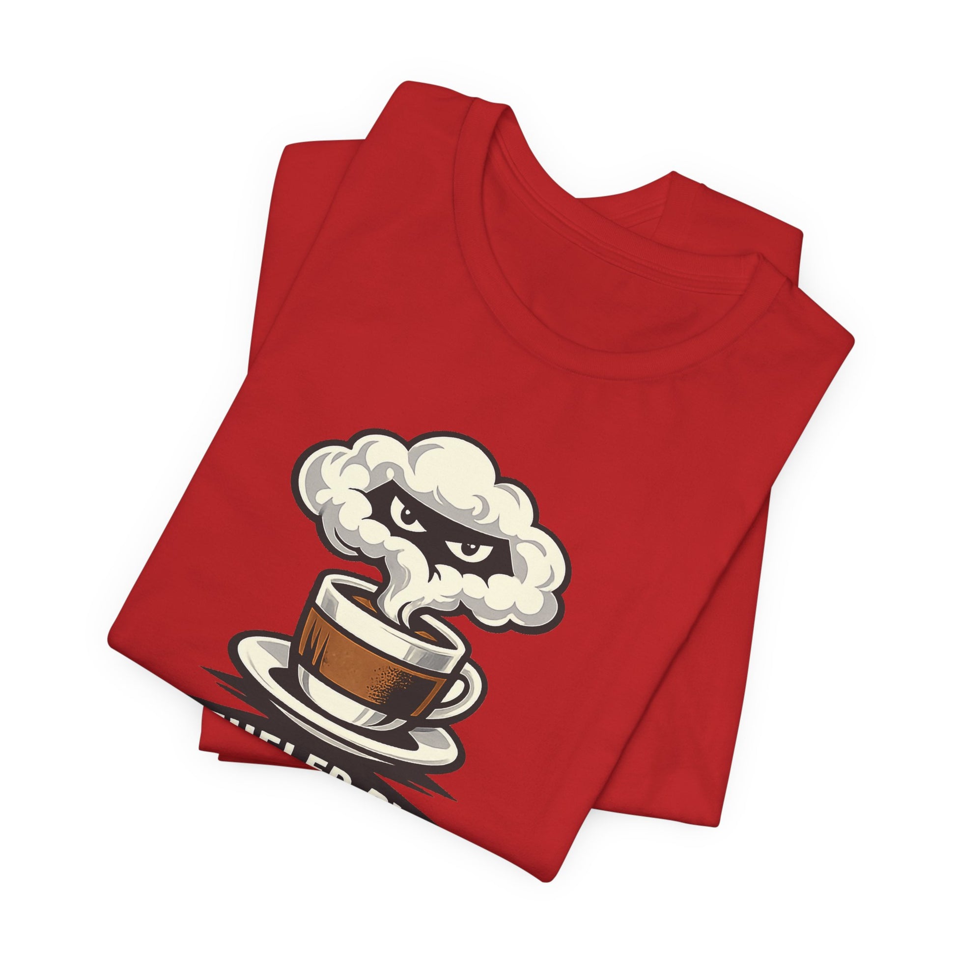 Red Bella+Canvas 3001 unisex tee with Fueled by Coffee and Ninja Discipline cup badge graphic, flat lay