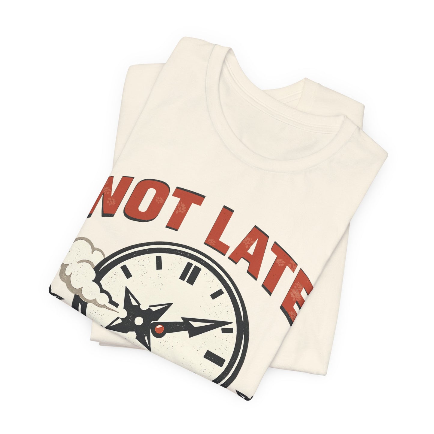 Navy Bella+Canvas 3001 unisex tee with Not Late Arrived Unseen ninja clock design, flat lay