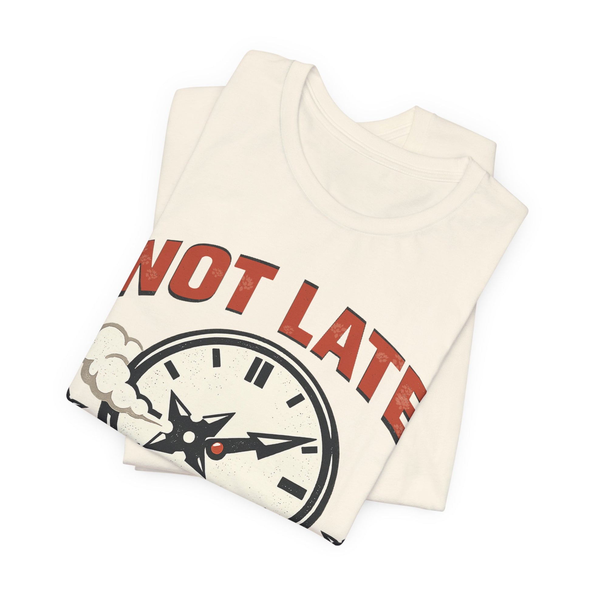Navy Bella+Canvas 3001 unisex tee with Not Late Arrived Unseen ninja clock design, flat lay