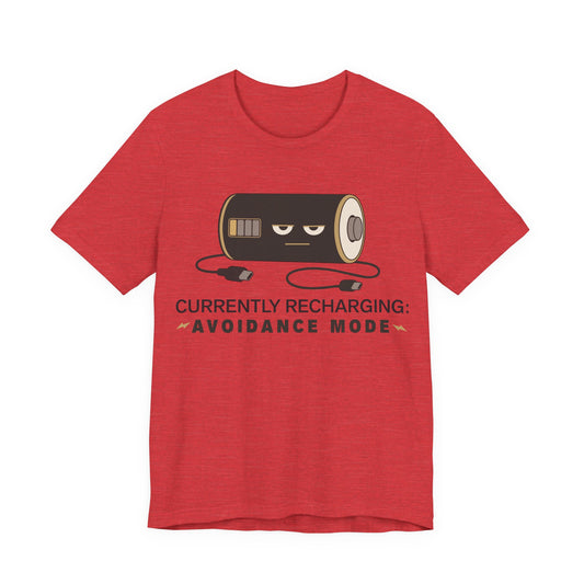 Heather Red Bella+Canvas 3001 unisex tee with Currently Recharging Avoidance Mode graphic