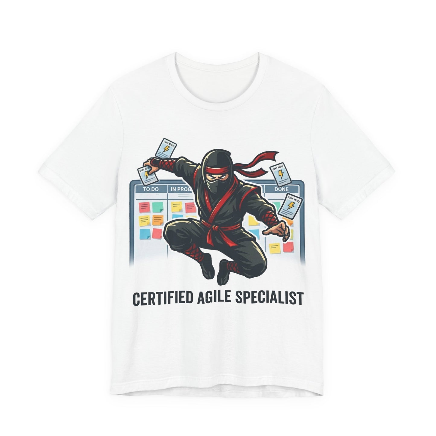 White Bella+Canvas 3001 unisex tee with Certified Agile Specialist ninja kanban design, on hanger