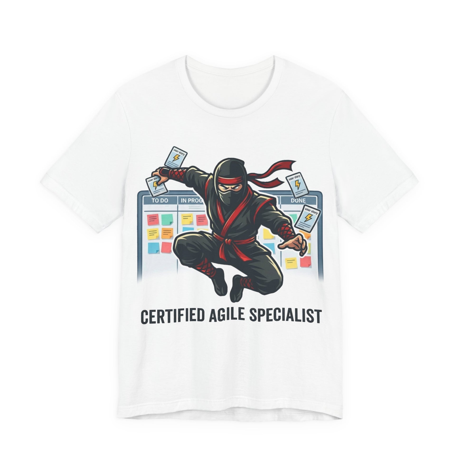 White Bella+Canvas 3001 unisex tee with Certified Agile Specialist ninja kanban design, on hanger