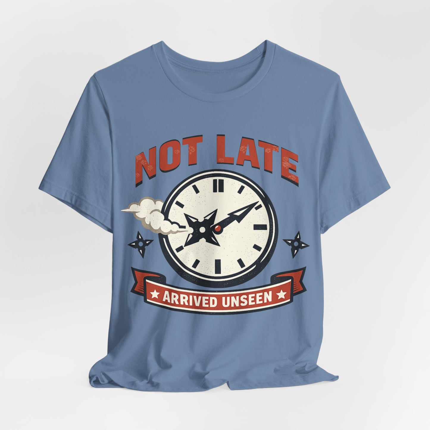 Black Bella+Canvas 3001 unisex tee with Not Late Arrived Unseen ninja clock design, on hanger