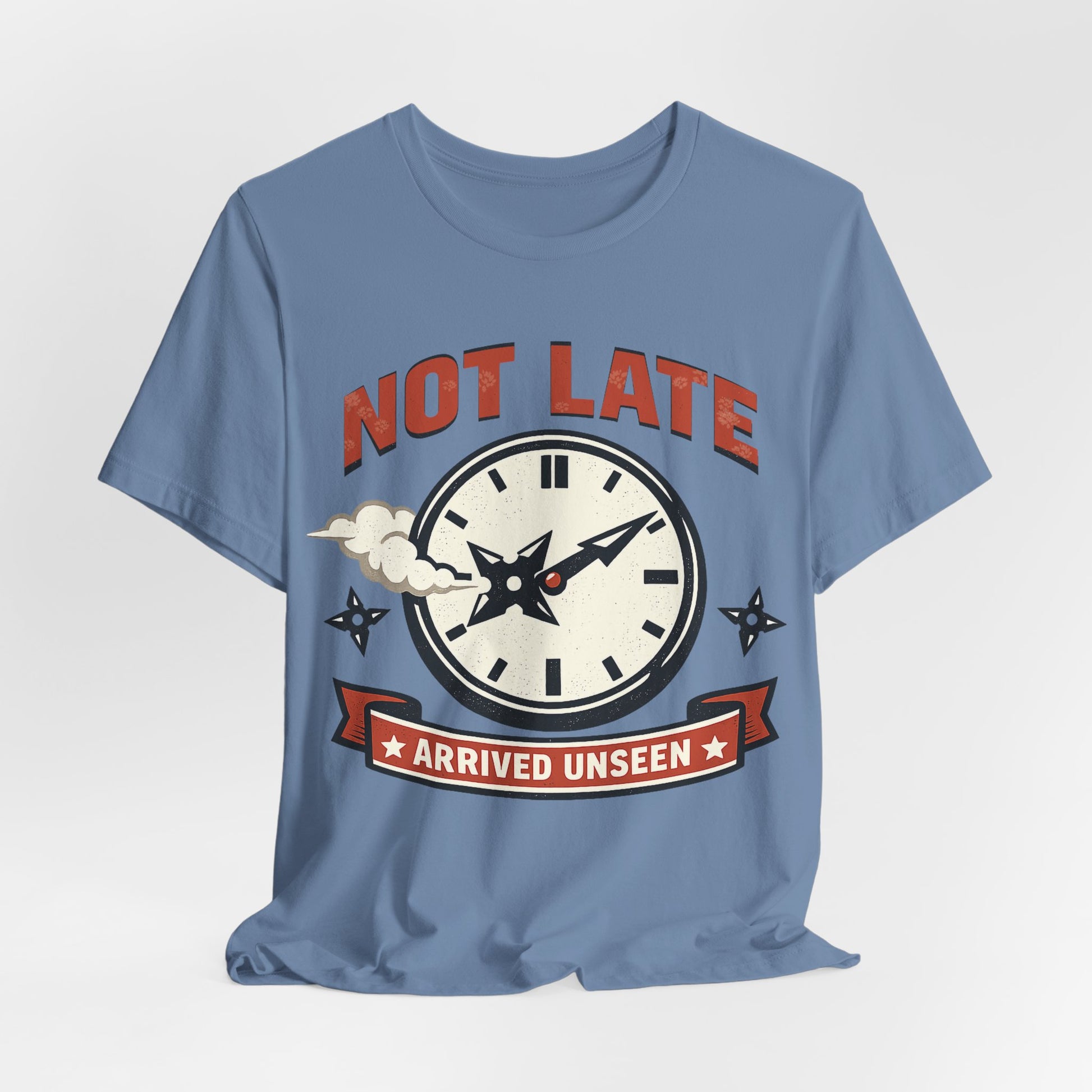 Black Bella+Canvas 3001 unisex tee with Not Late Arrived Unseen ninja clock design, on hanger