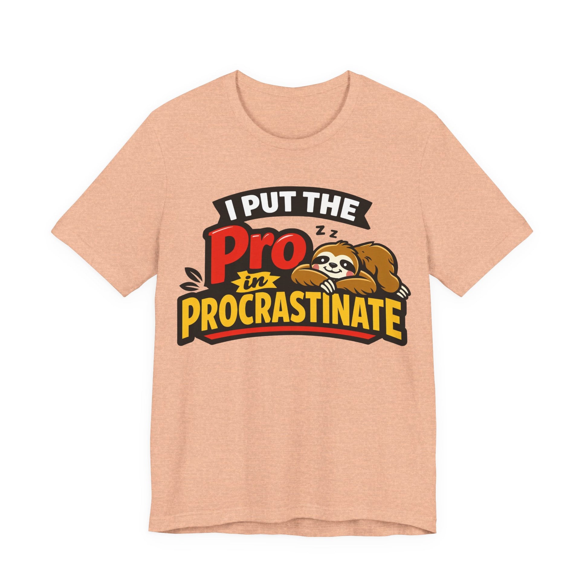 Black Bella+Canvas 3001 unisex tee with I Put the Pro in Procrastinate sloth graphic, on hanger