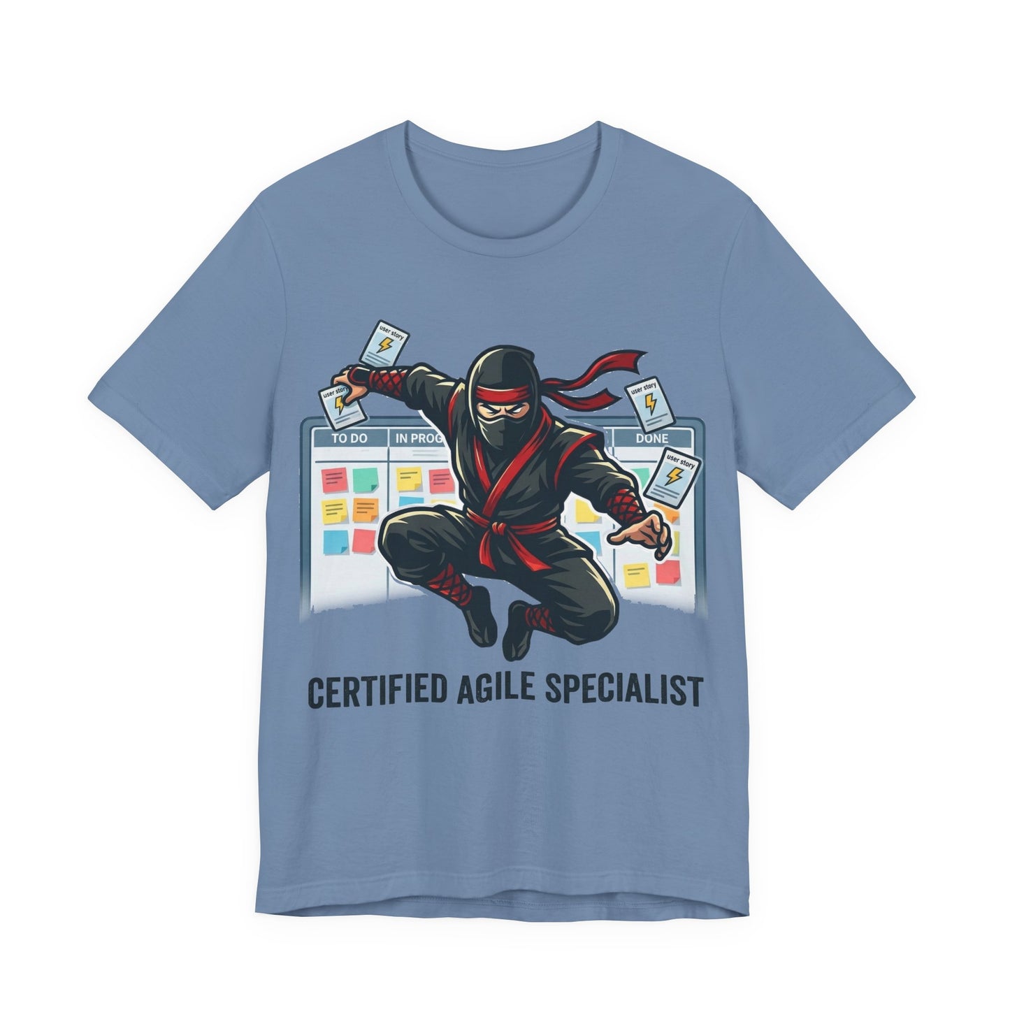 Steel Blue Bella+Canvas 3001 unisex tee with Certified Agile Specialist ninja kanban design, on hanger