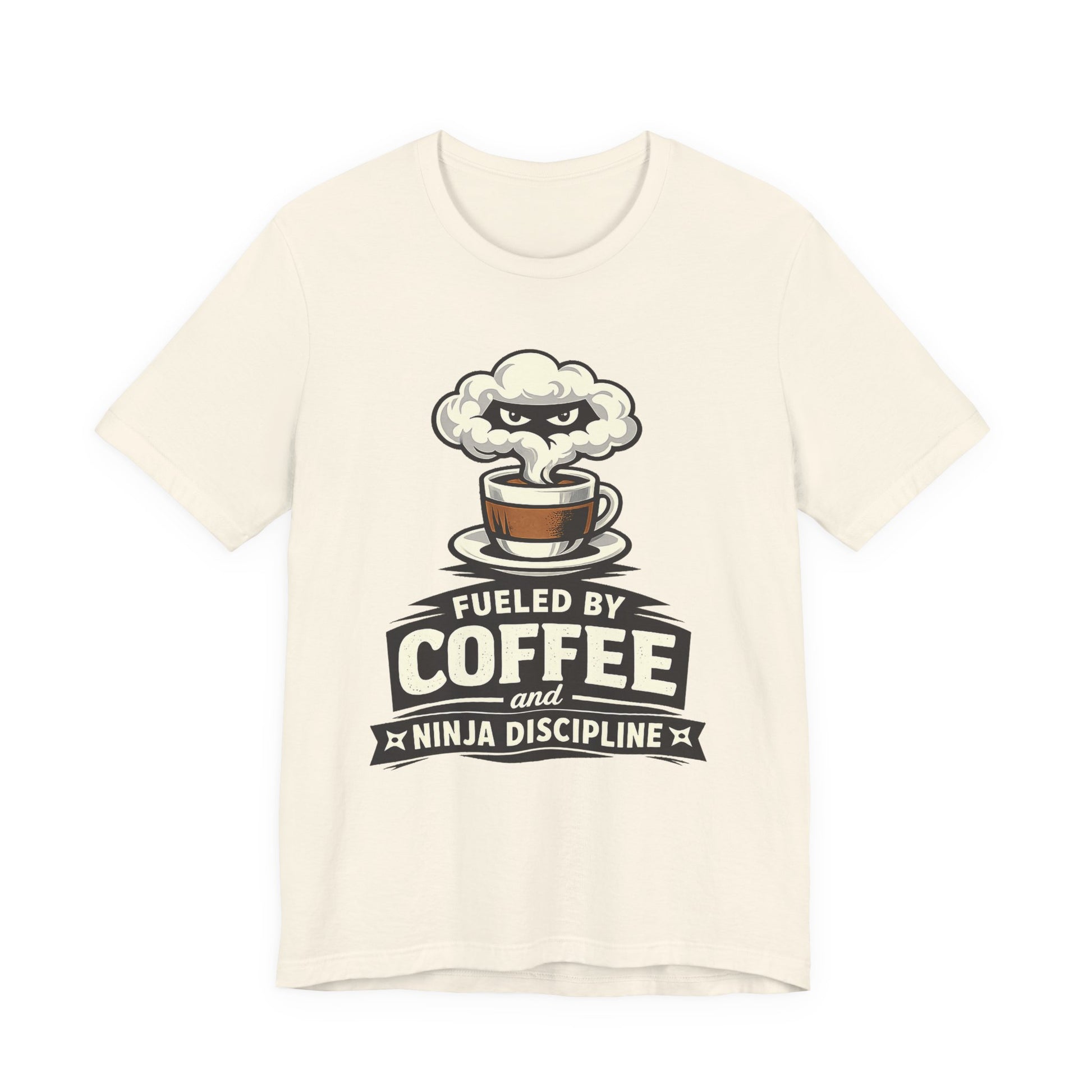 Natural Bella+Canvas 3001 unisex tee with Fueled by Coffee and Ninja Discipline cup badge graphic, on hanger
