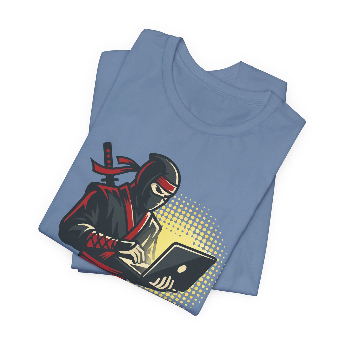 Red Bella+Canvas 3001 unisex tee with Rockstar Ninja Developer graphic and text design, detail view