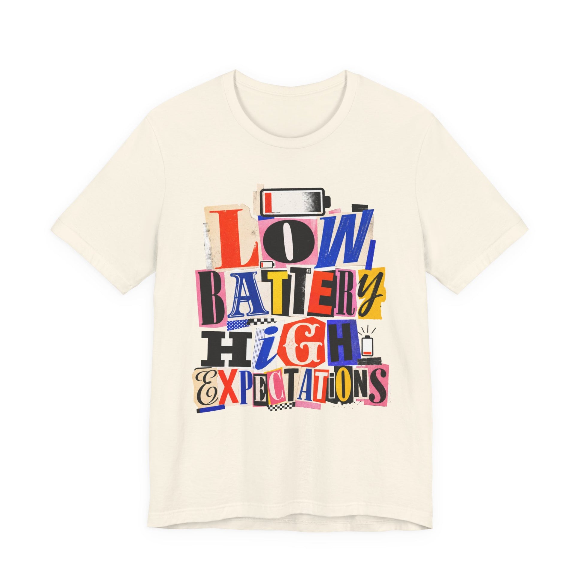 Natural Bella+Canvas 3001 unisex tee with Low Battery High Expectations graphic