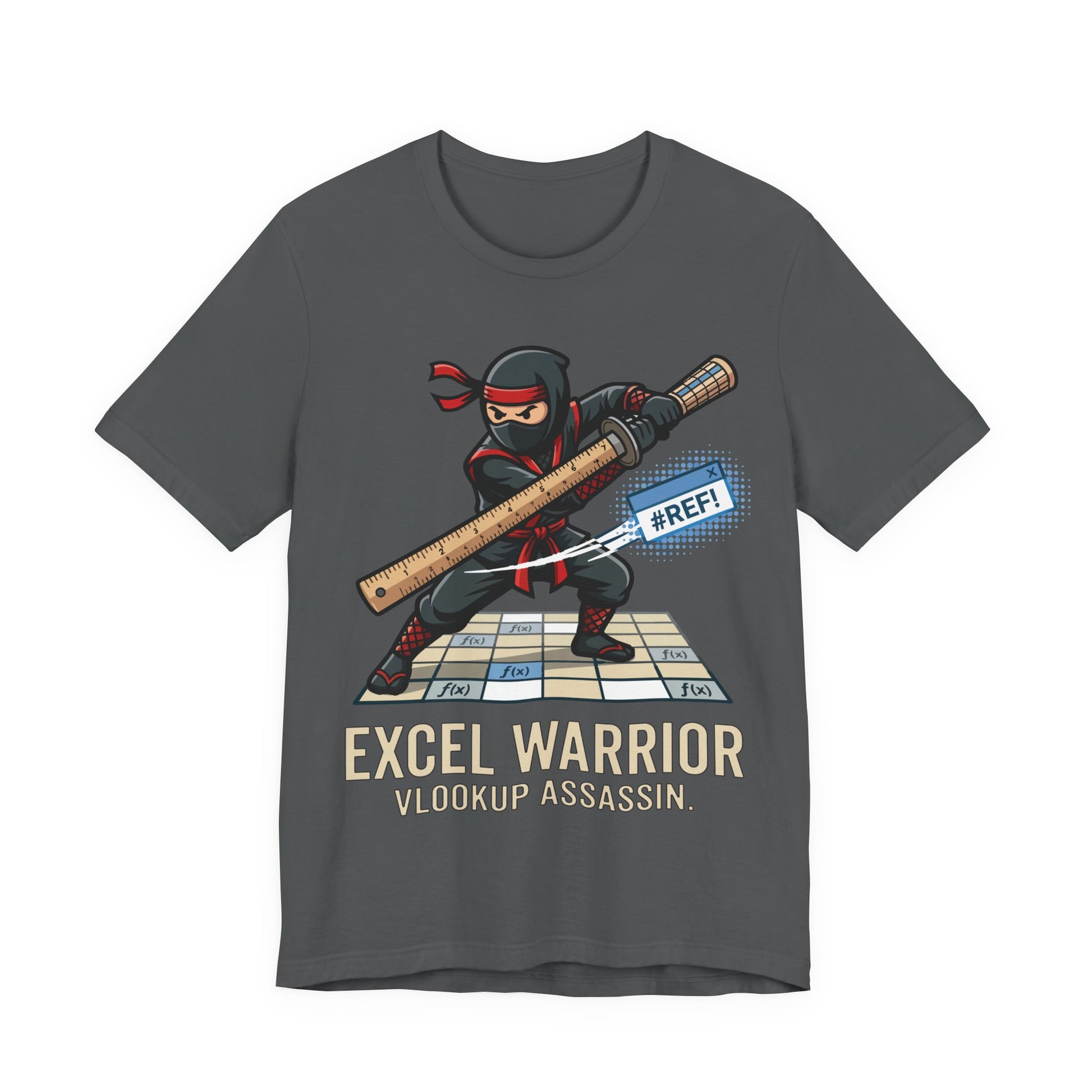 Asphalt Bella+Canvas 3001 unisex tee with Excel Warrior VLOOKUP Assassin ninja spreadsheet graphic, on hanger