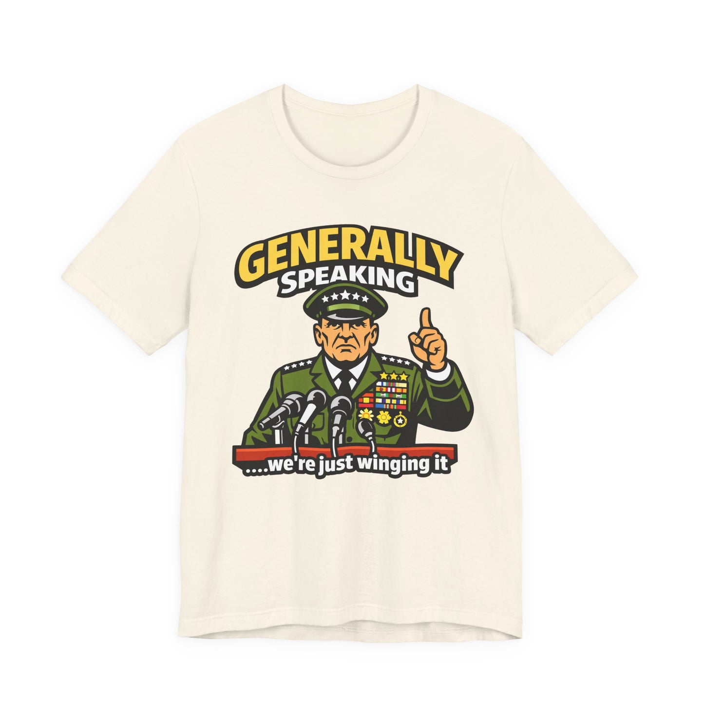 Natural Bella+Canvas 3001 unisex tee with Generally Speaking We're Just Winging It graphic, on hanger