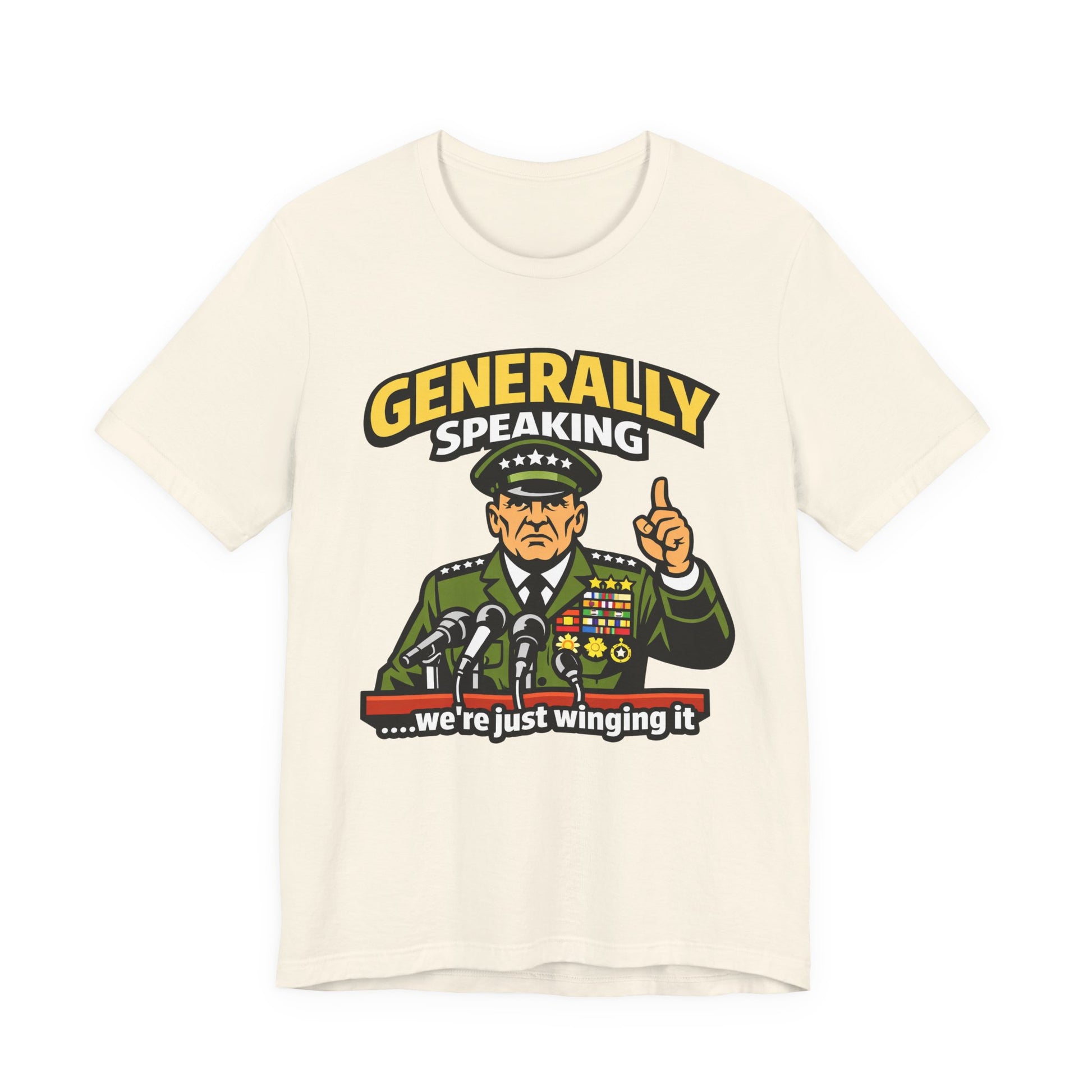 Natural Bella+Canvas 3001 unisex tee with Generally Speaking We're Just Winging It graphic, on hanger