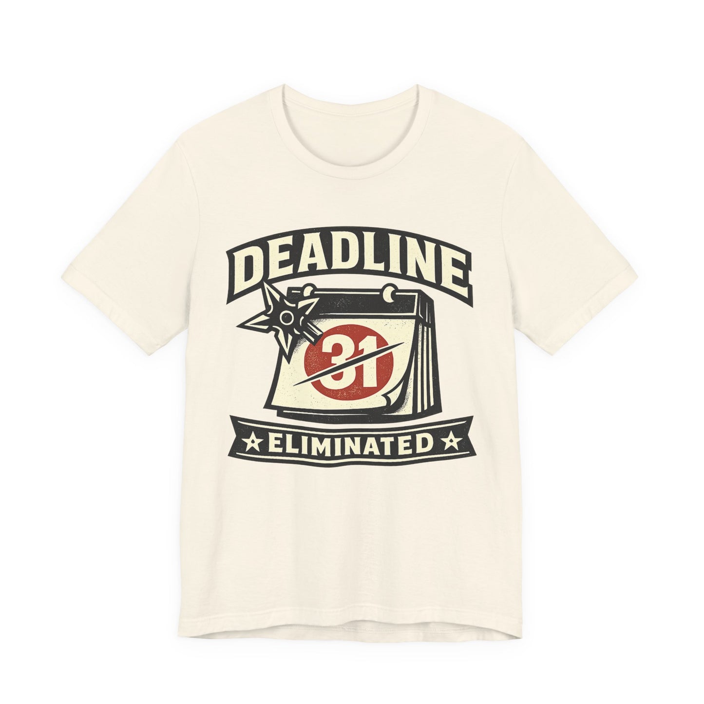 Natural Bella+Canvas 3001 unisex tee with Deadline Eliminated ninja badge graphic, flat lay