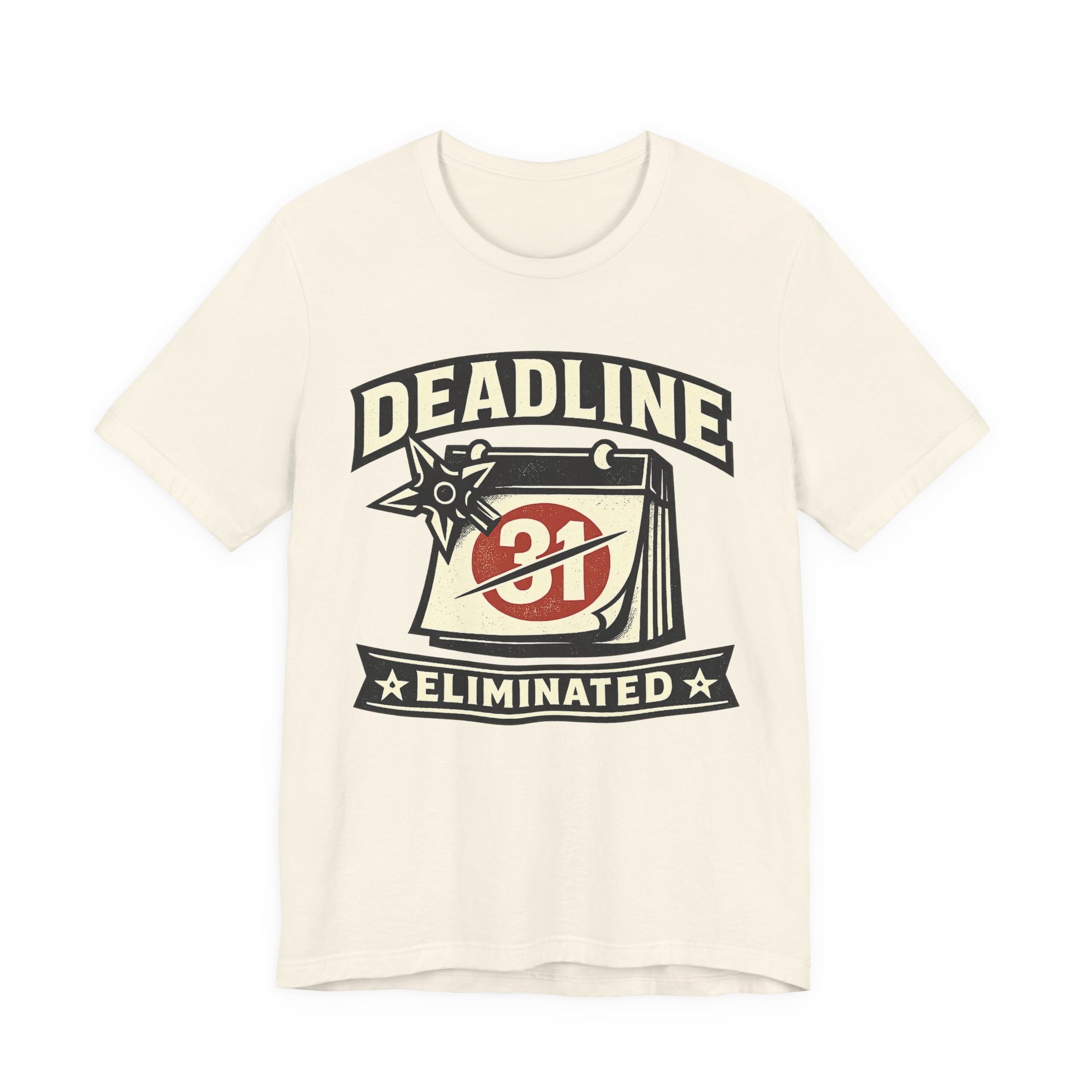 Natural Bella+Canvas 3001 unisex tee with Deadline Eliminated ninja badge graphic, flat lay