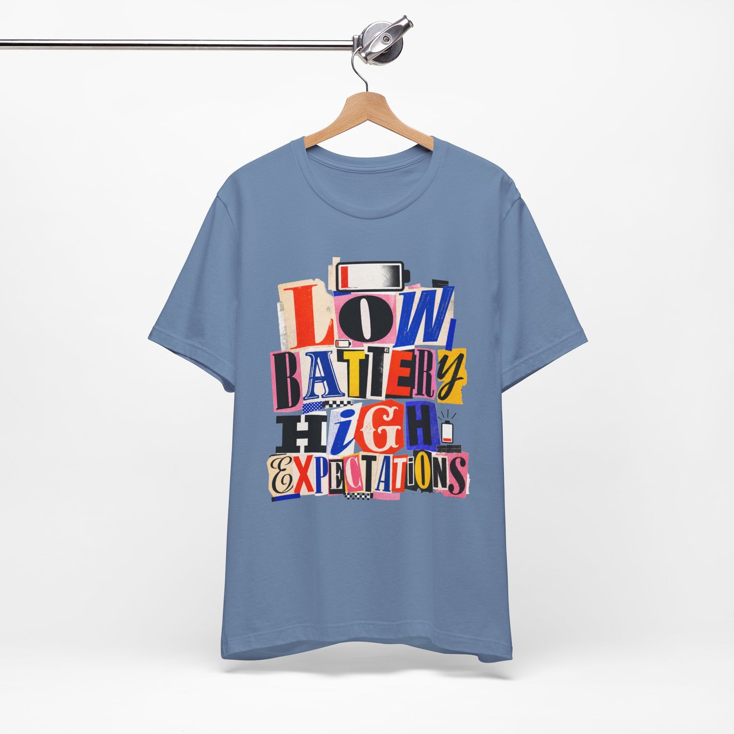Low Battery High Expectations graphic on Bella+Canvas 3001 unisex tee