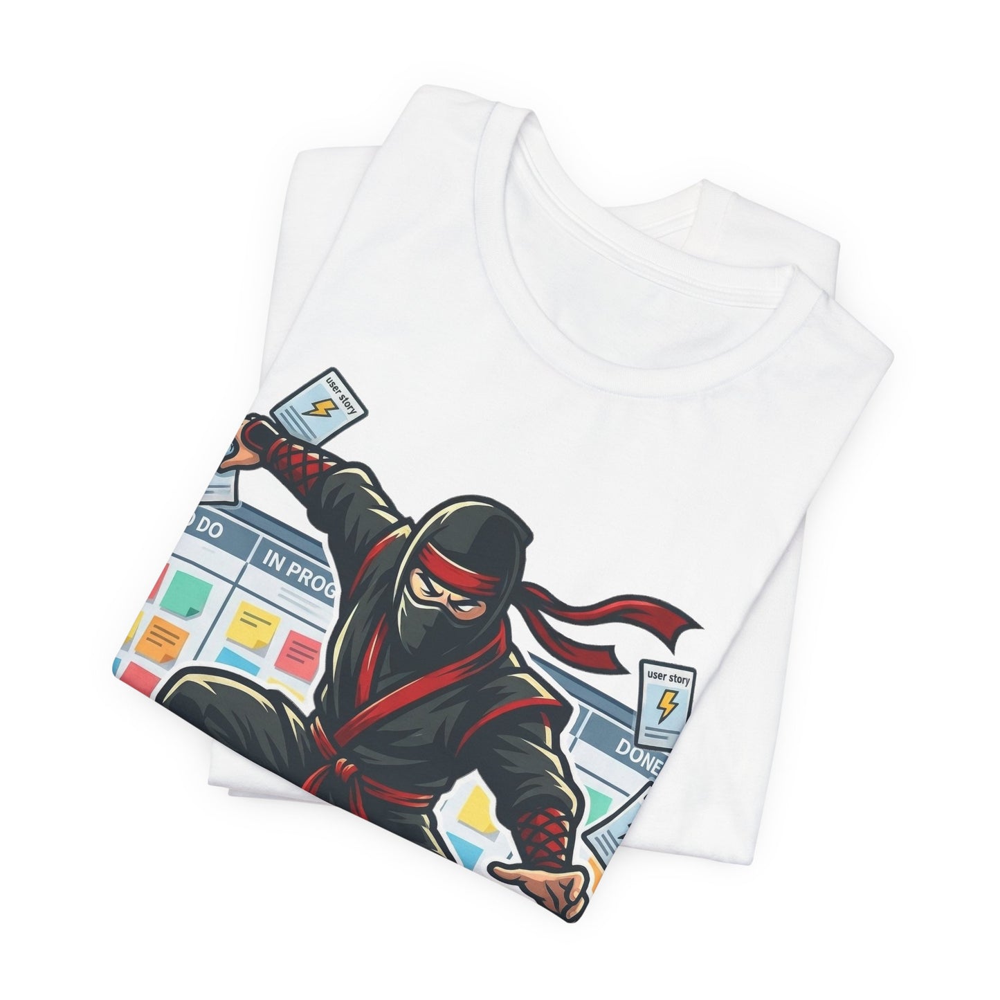 White Bella+Canvas 3001 unisex tee with Certified Agile Specialist ninja kanban design, detail view