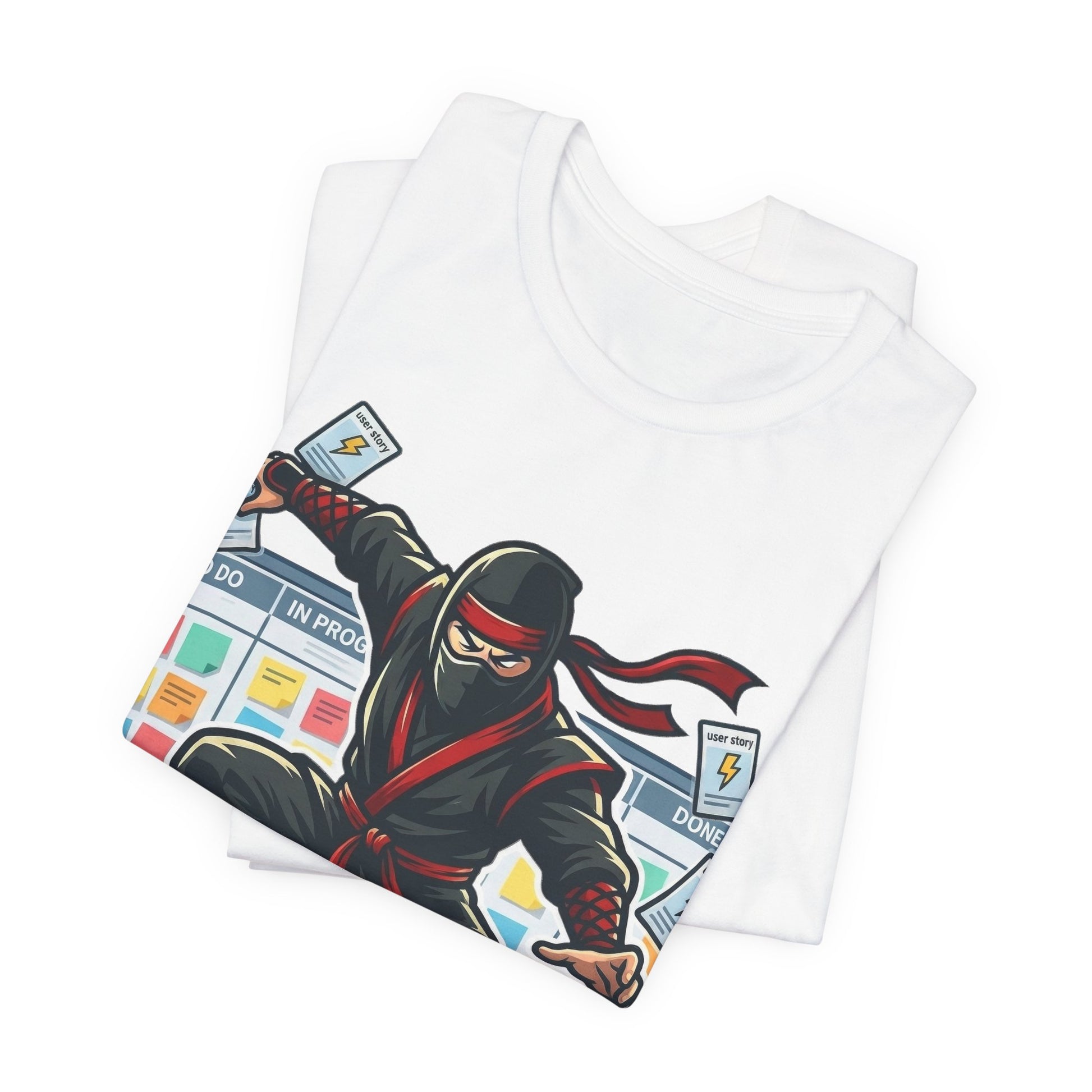 White Bella+Canvas 3001 unisex tee with Certified Agile Specialist ninja kanban design, detail view