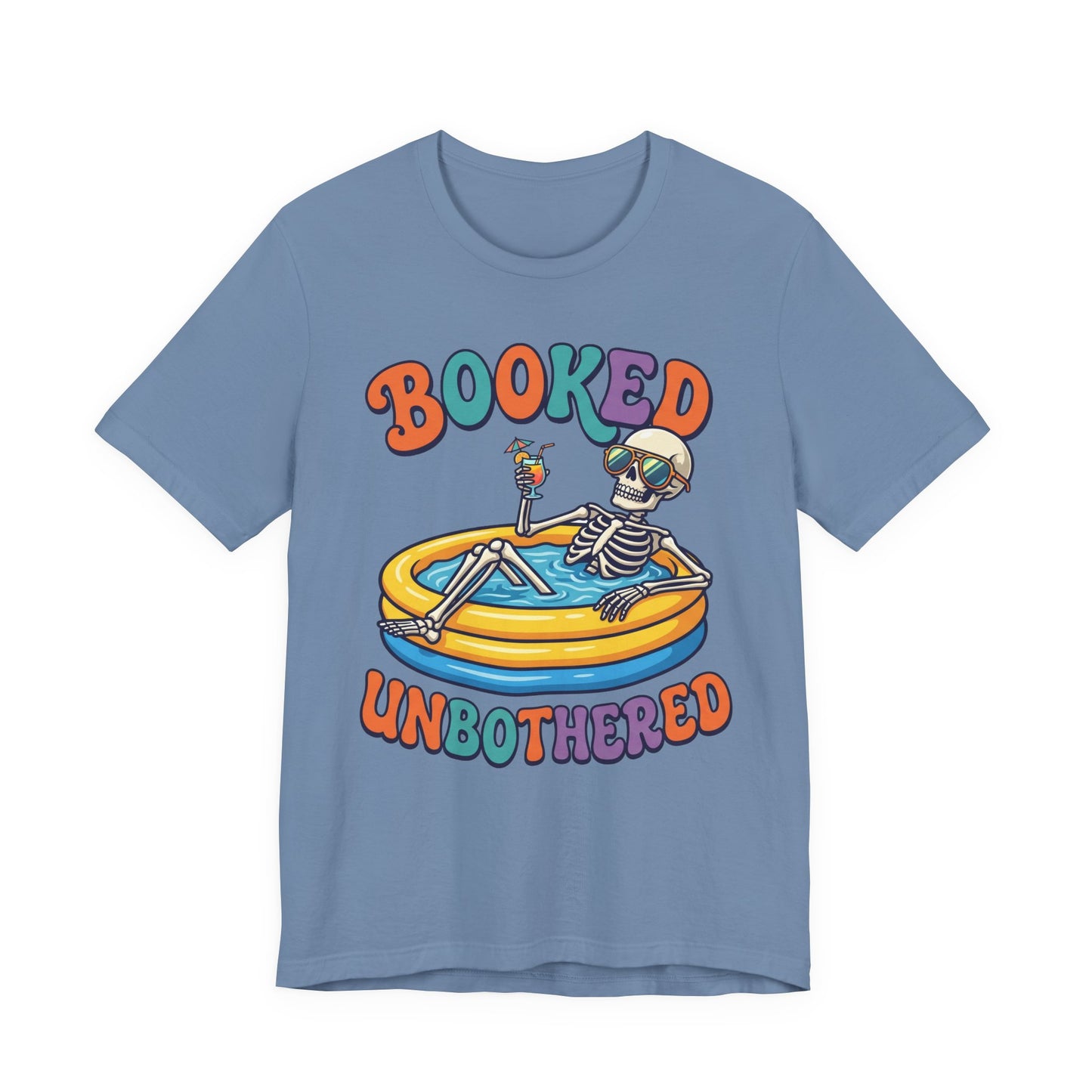 Asphalt Bella+Canvas 3001 unisex tee with Booked and Unbothered graphic, on hanger