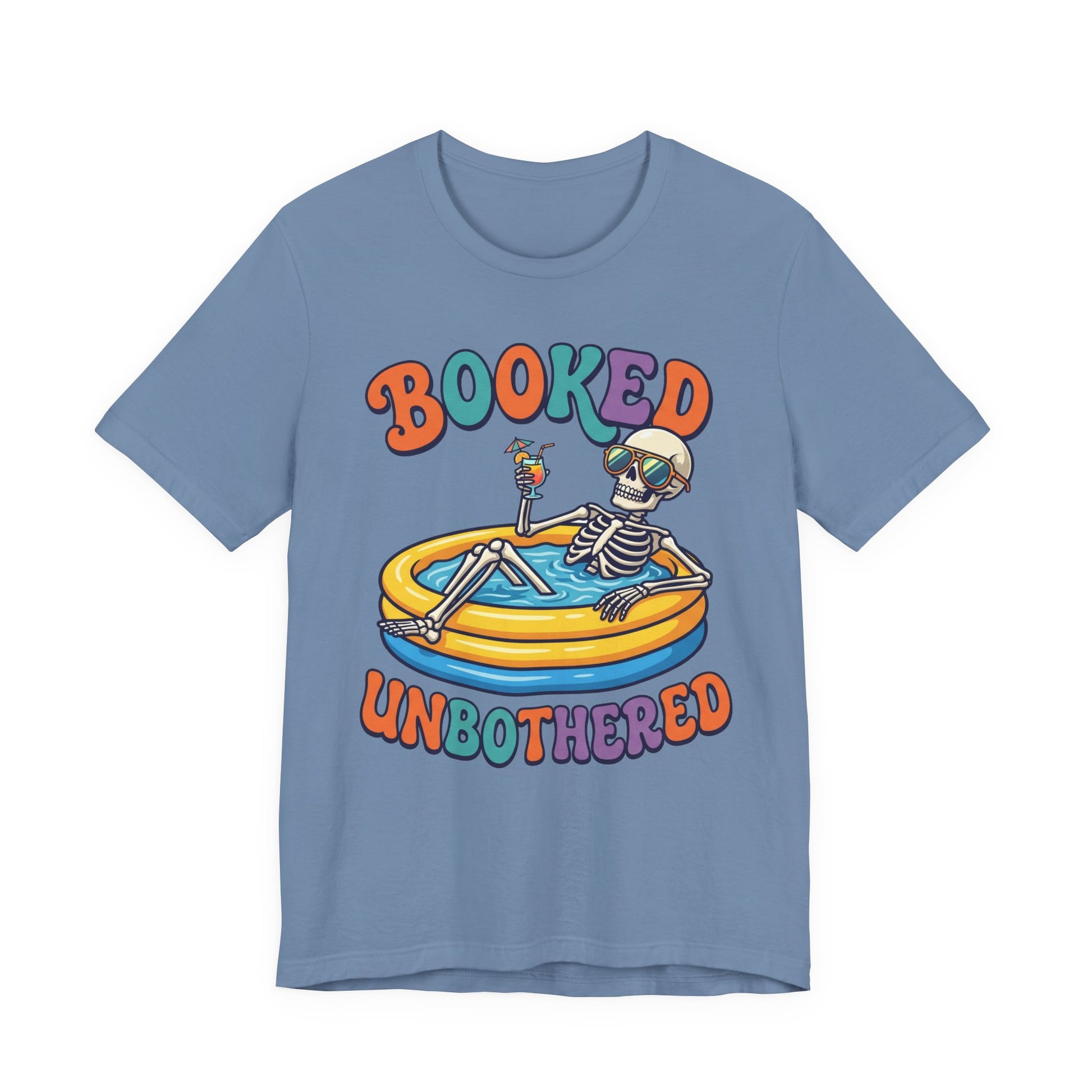 Asphalt Bella+Canvas 3001 unisex tee with Booked and Unbothered graphic, on hanger