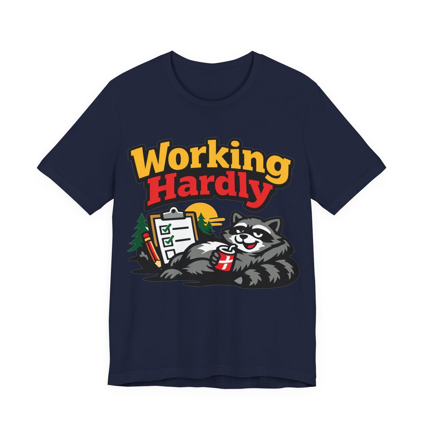 Navy Bella+Canvas 3001 unisex tee with Working Hardly raccoon graphic, on hanger