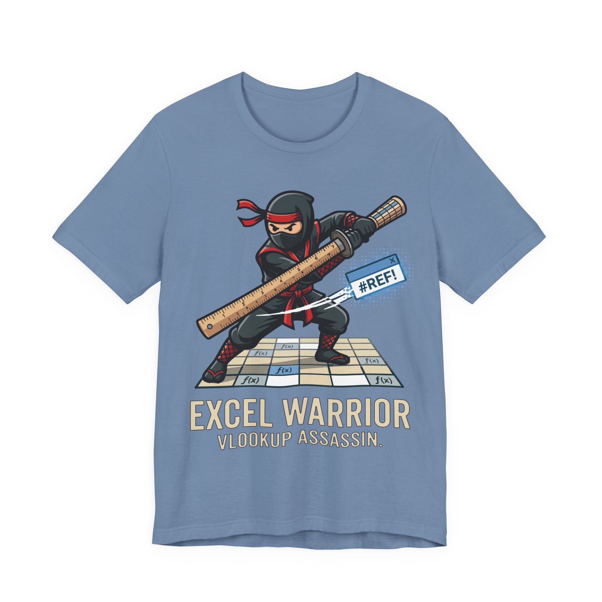Black Bella+Canvas 3001 unisex tee with Excel Warrior VLOOKUP Assassin ninja spreadsheet graphic, on hanger