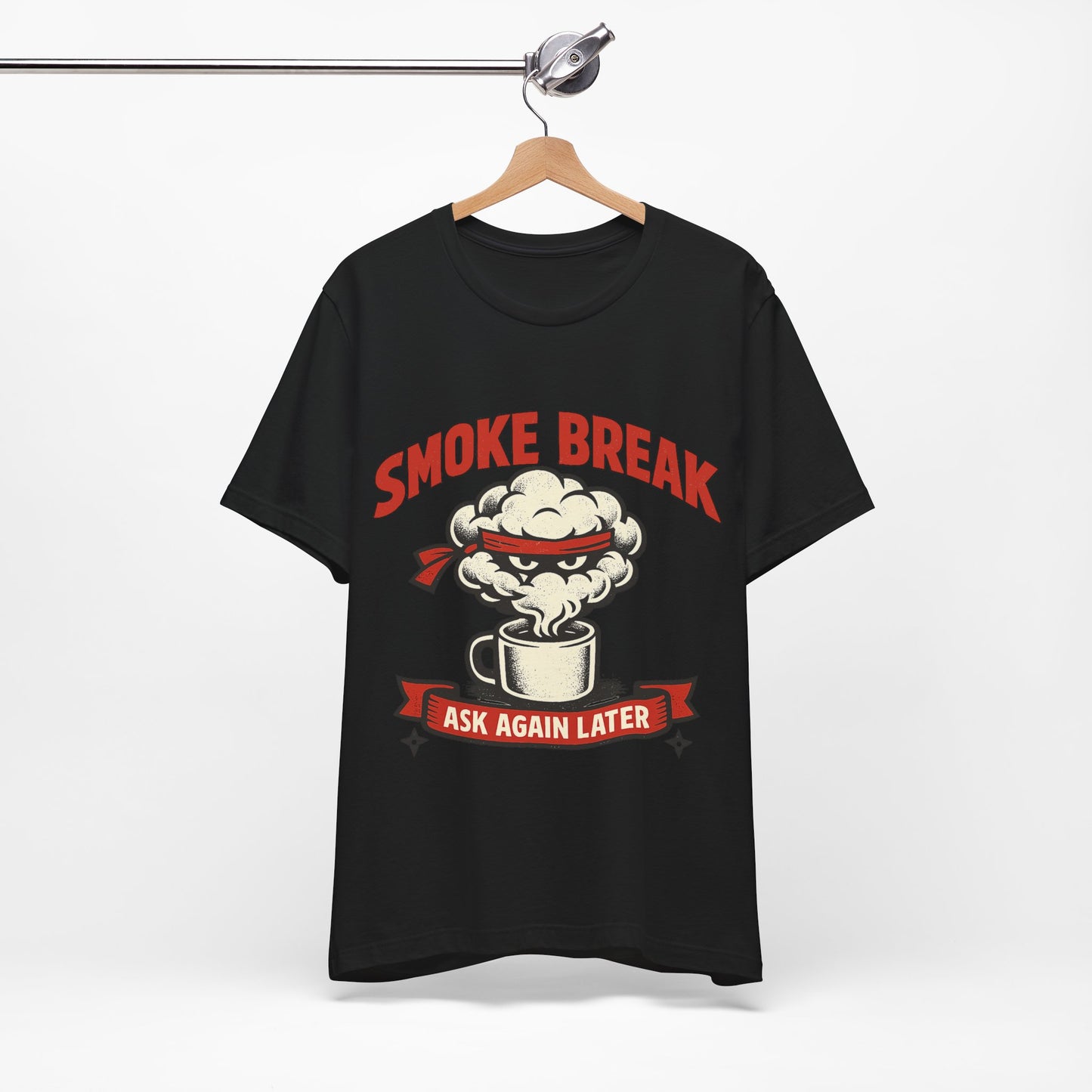 Natural Bella+Canvas 3001 unisex tee with Smoke Break Ask Again Later ninja coffee cup graphic, flat lay