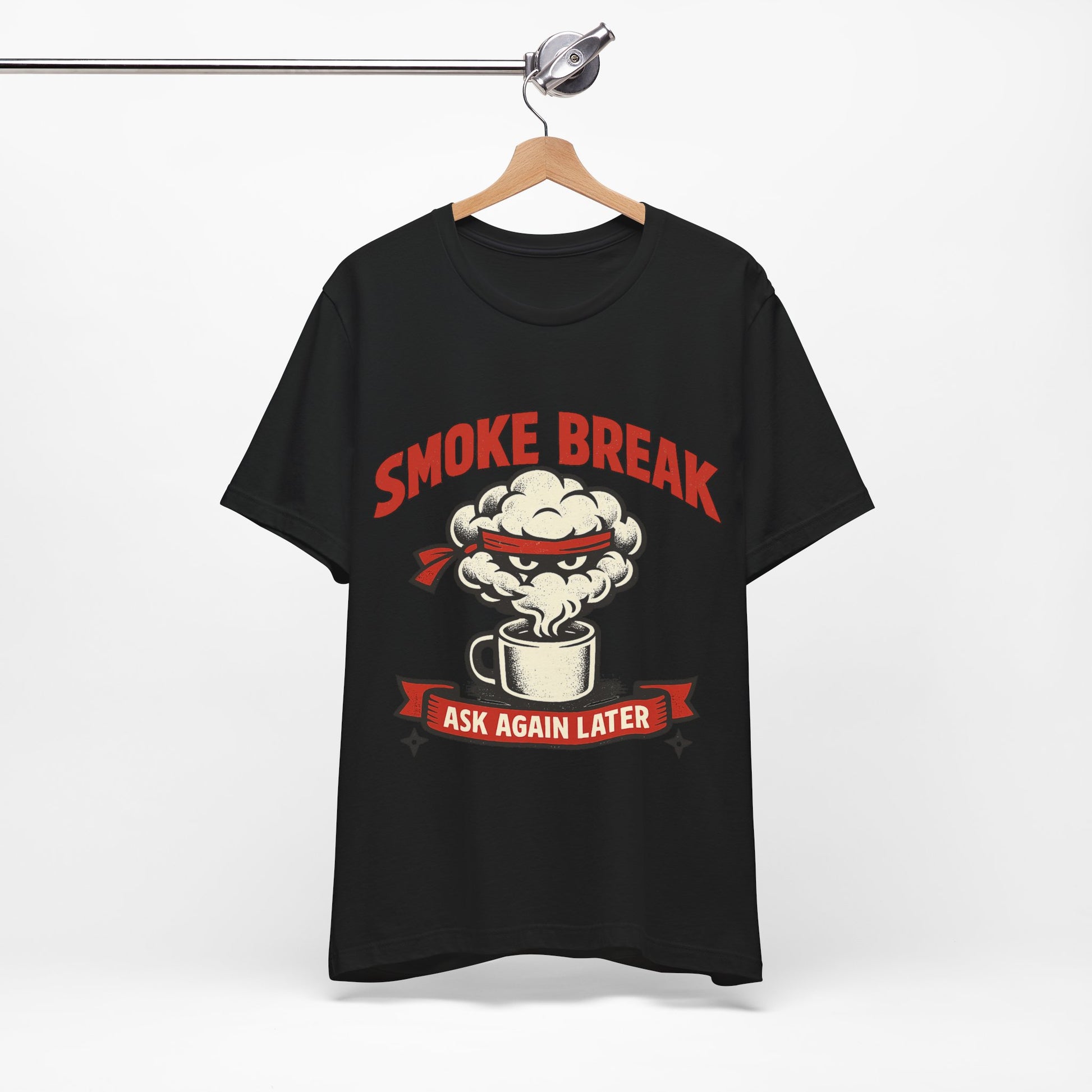 Natural Bella+Canvas 3001 unisex tee with Smoke Break Ask Again Later ninja coffee cup graphic, flat lay