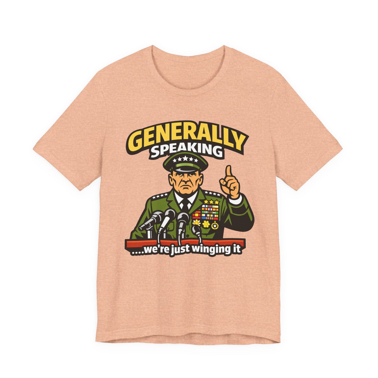 Black Bella+Canvas 3001 unisex tee with Generally Speaking We're Just Winging It graphic, on hanger