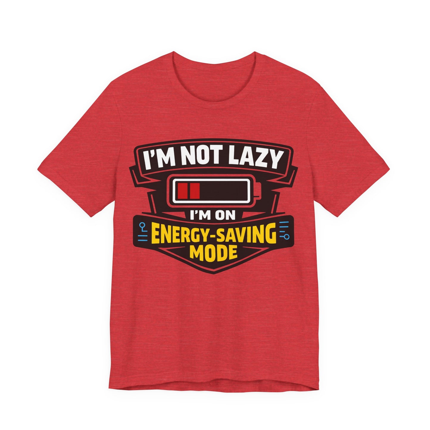 Black Bella+Canvas 3001 unisex tee with I'm Not Lazy I'm on Energy-Saving Mode graphic, detail view