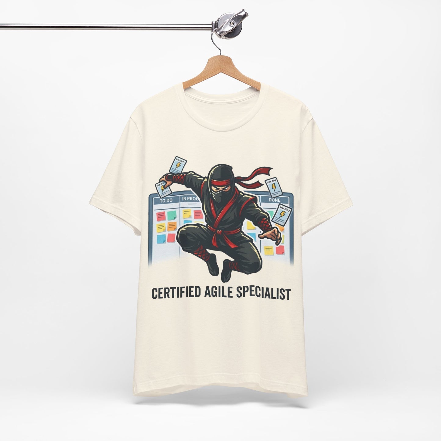 Red Bella+Canvas 3001 unisex tee with Certified Agile Specialist ninja kanban design, flat lay