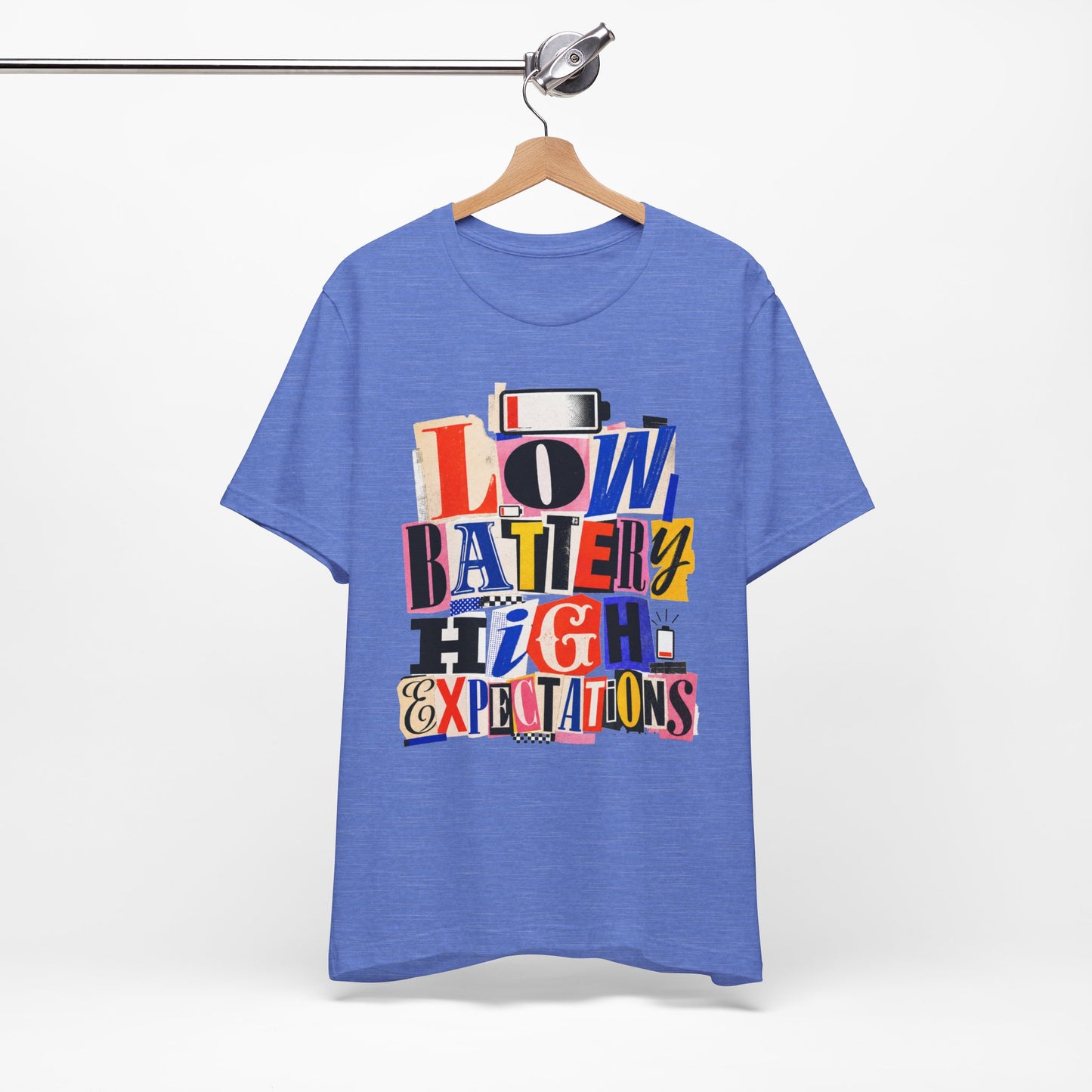 Low Battery High Expectations graphic on Bella+Canvas 3001 unisex tee