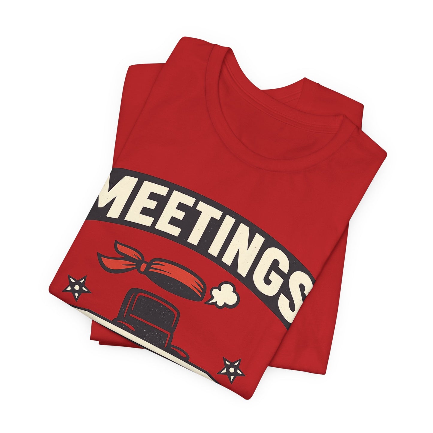Red Bella+Canvas 3001 unisex tee with Meetings I Attend Invisibly ninja badge graphic, flat lay